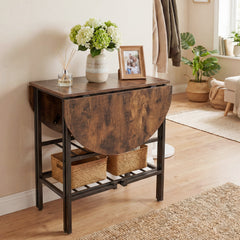 Oval dining table with 2 folding side panels and a metal frame for 4 people-Rustic Brown