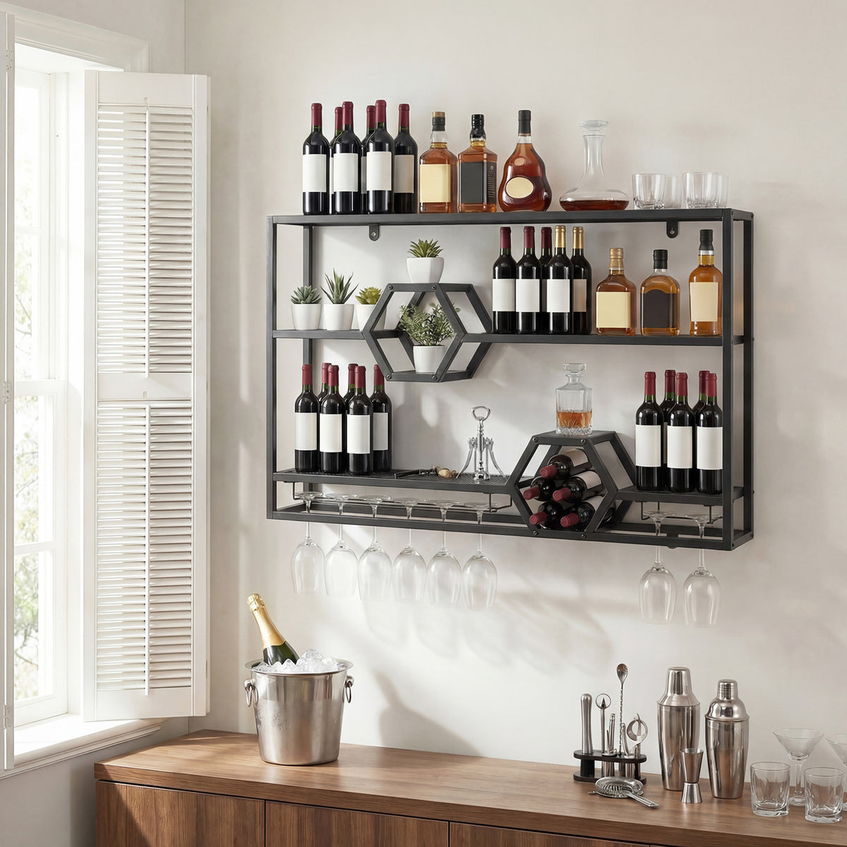 3-Tier Metal Wall Mounted Wine Rack with Glass Holder for Home Bar-Black