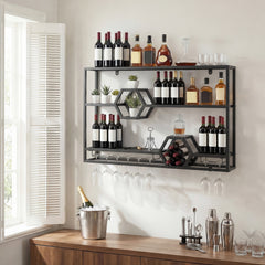 3-Tier Metal Wall Mounted Wine Rack with Glass Holder for Home Bar-Black