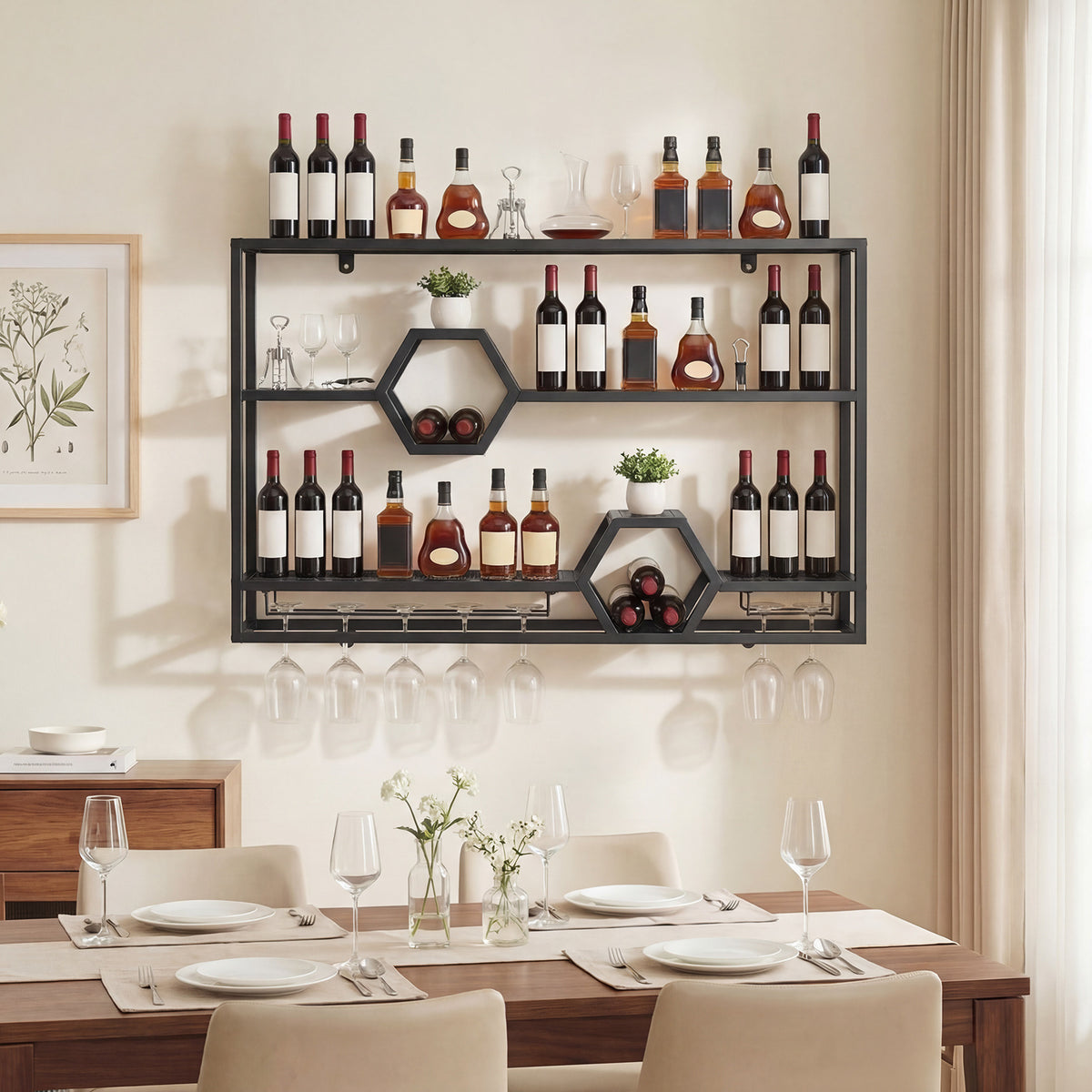 3-Tier Metal Wall Mounted Wine Rack with Glass Holder for Home Bar-Black