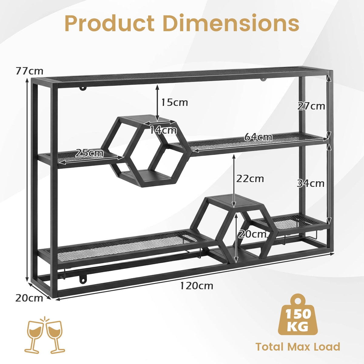 3-Tier Metal Wall Mounted Wine Rack with Glass Holder for Home Bar-Black