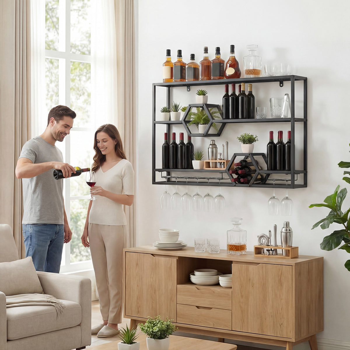 3-Tier Metal Wall Mounted Wine Rack with Glass Holder for Home Bar-Black