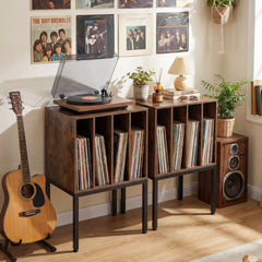 Turntable Stand with Vinyl Storage Shelves and Raised Metal Legs-Rustic Brown