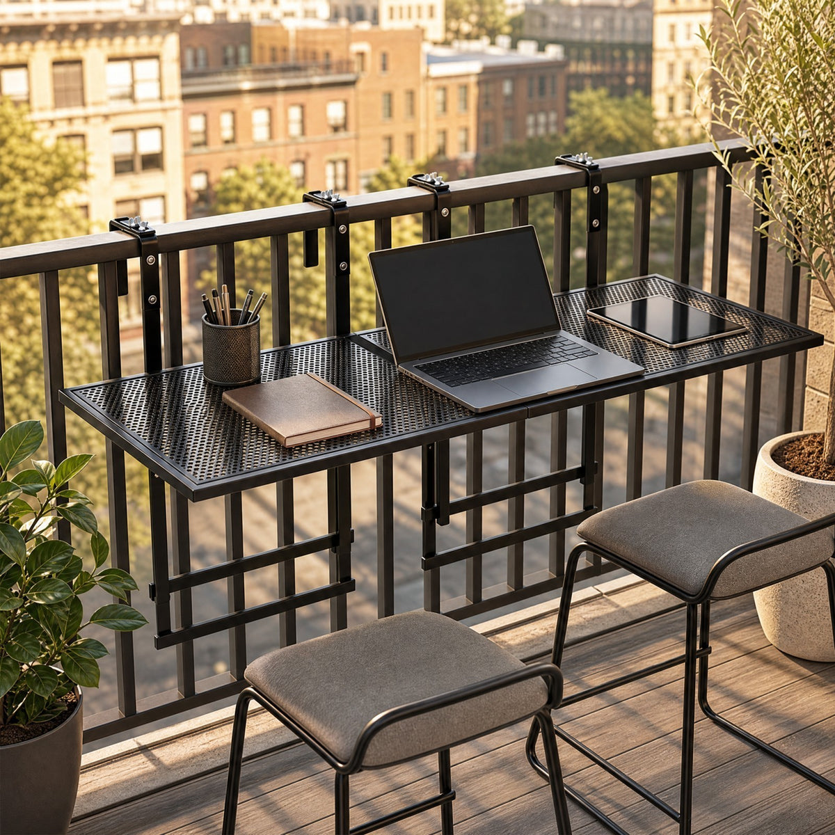 Set of 2 Hanging Balcony Table with 5-Level Adjustable Height for Round Square Railing-Black