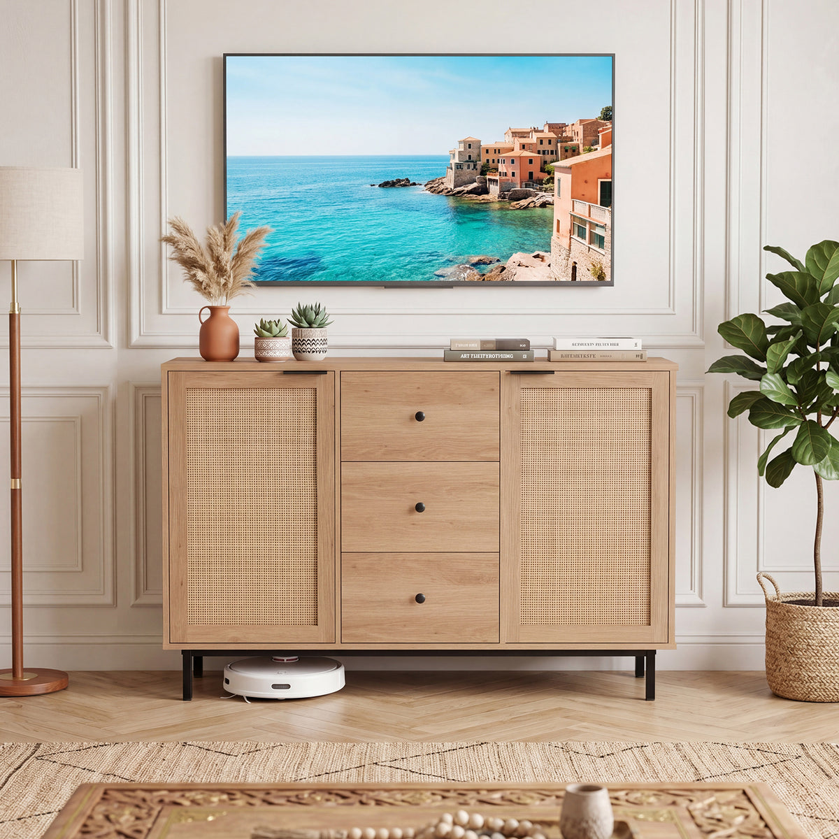 120 cm Sideboard Buffet Cabinet with Storage 2 Rattan Doors and 3 Drawers-Natrual