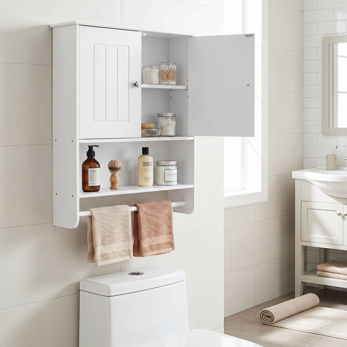 Bathroom Wall Cabinet with 2 Doors Open Shelf and Towel Bar-White