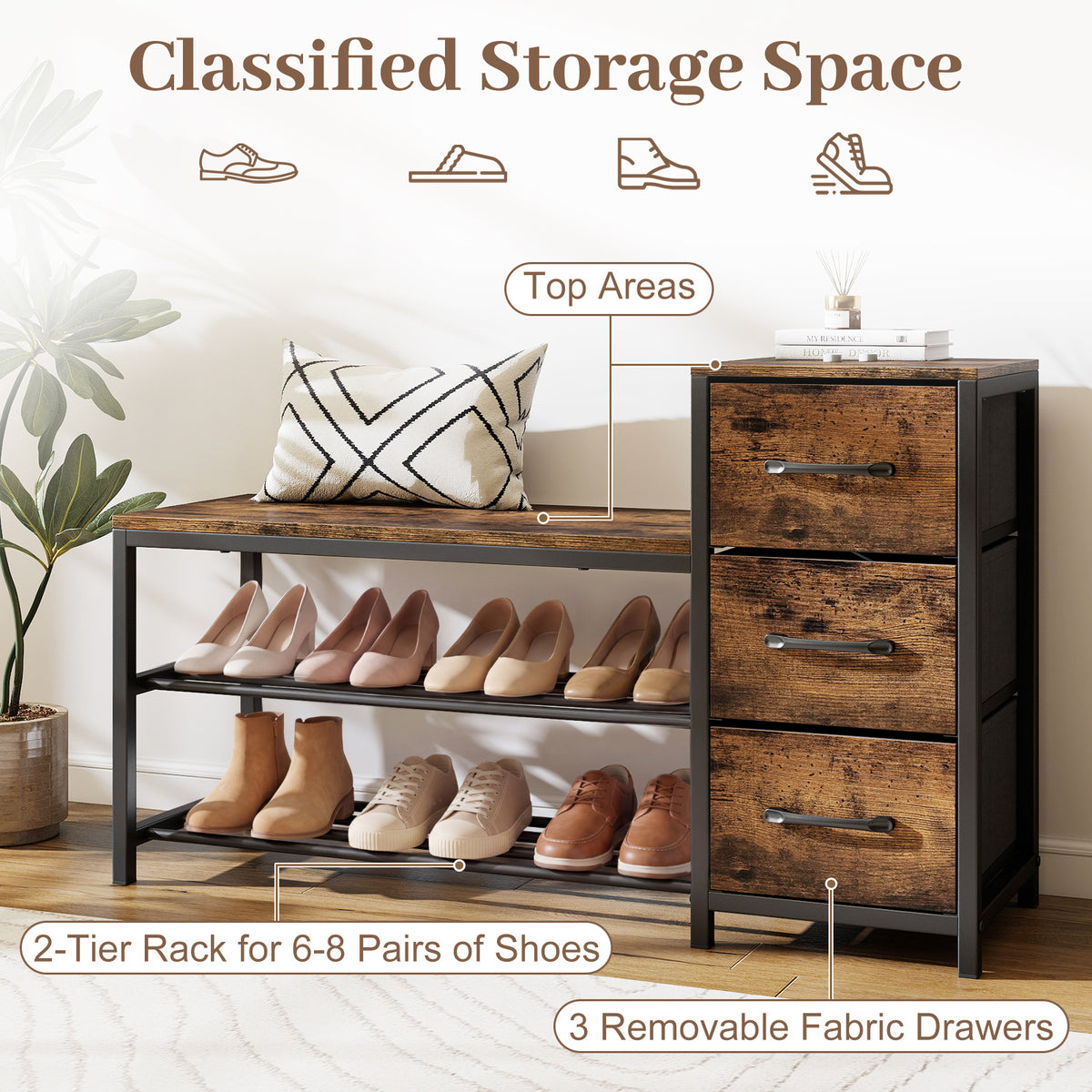 Industrial Shoe Bench with 3 Removable Drawers and Anti-Toppling Kits for Entryway-Rustic Brown
