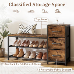 Industrial Shoe Bench with 3 Removable Drawers and Anti-Toppling Kits for Entryway-Rustic Brown