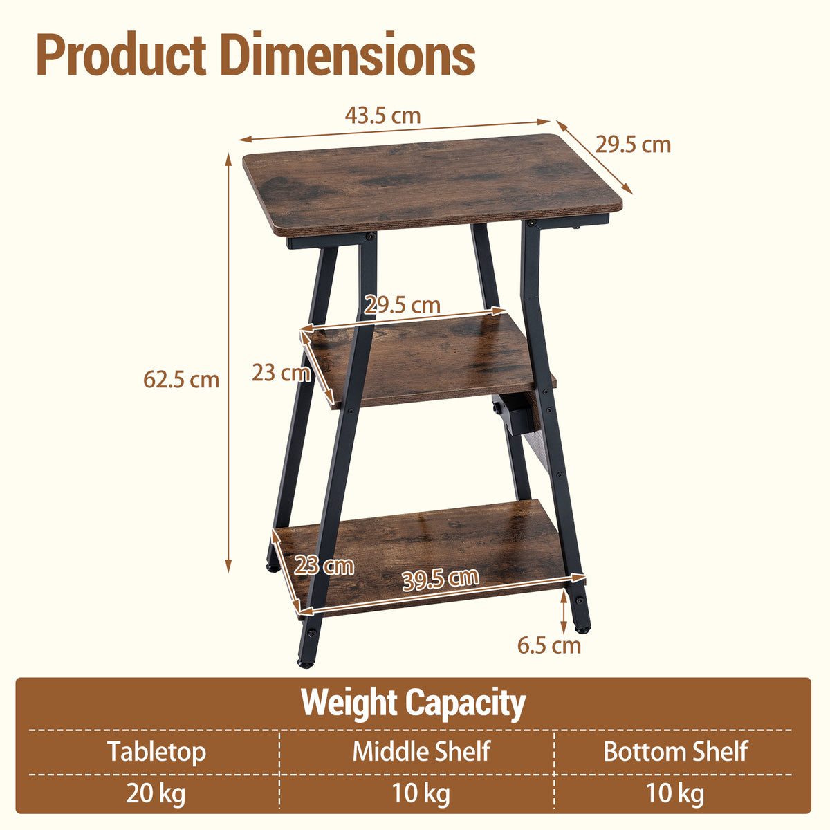 3-Tier Industrial Side Table with 2 AC Outlets 1 USB Port and 1 Type-C Port-Rustic Brown