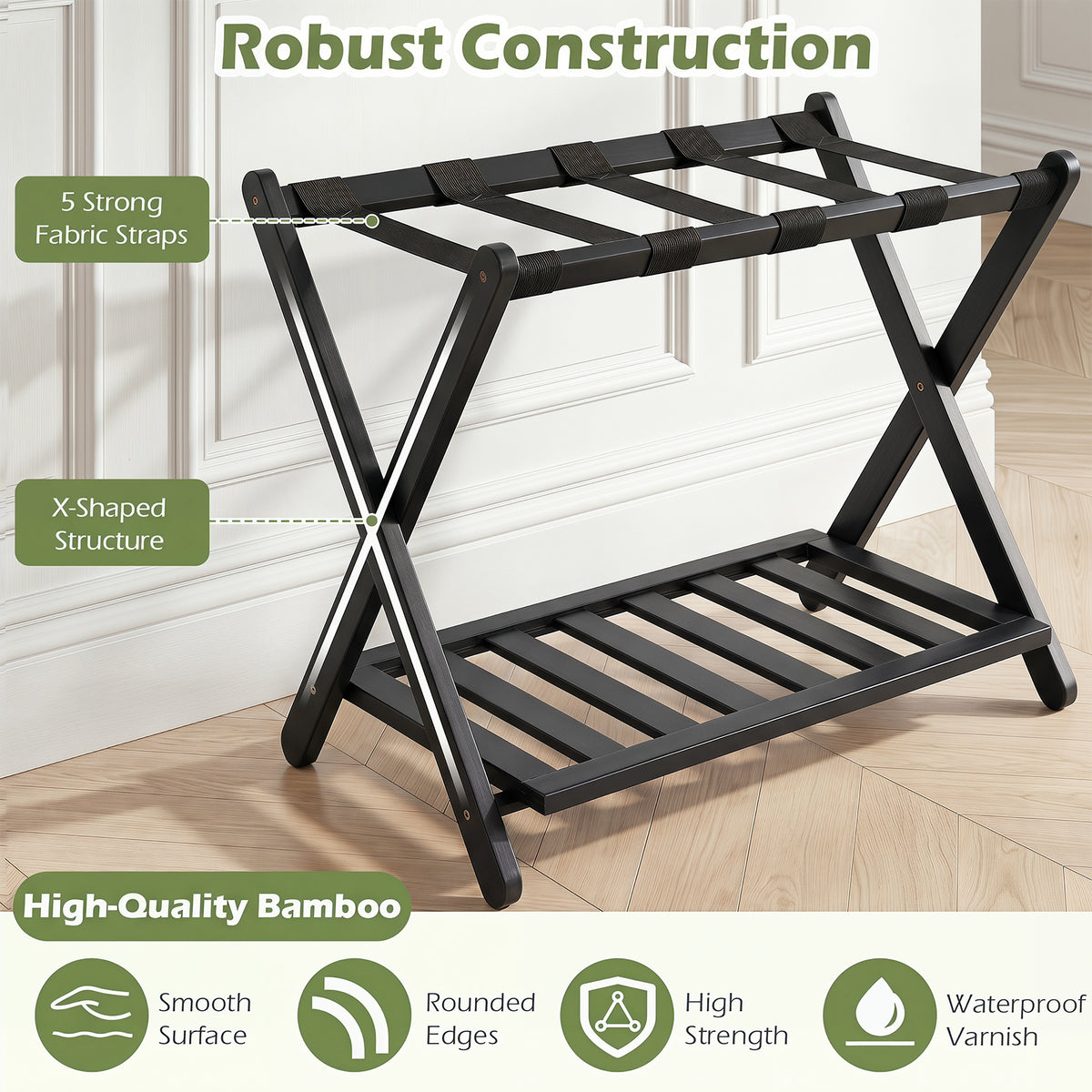 Bamboo Folding Luggage Rack with Straps and Storage Shelves for Guest Room-Black