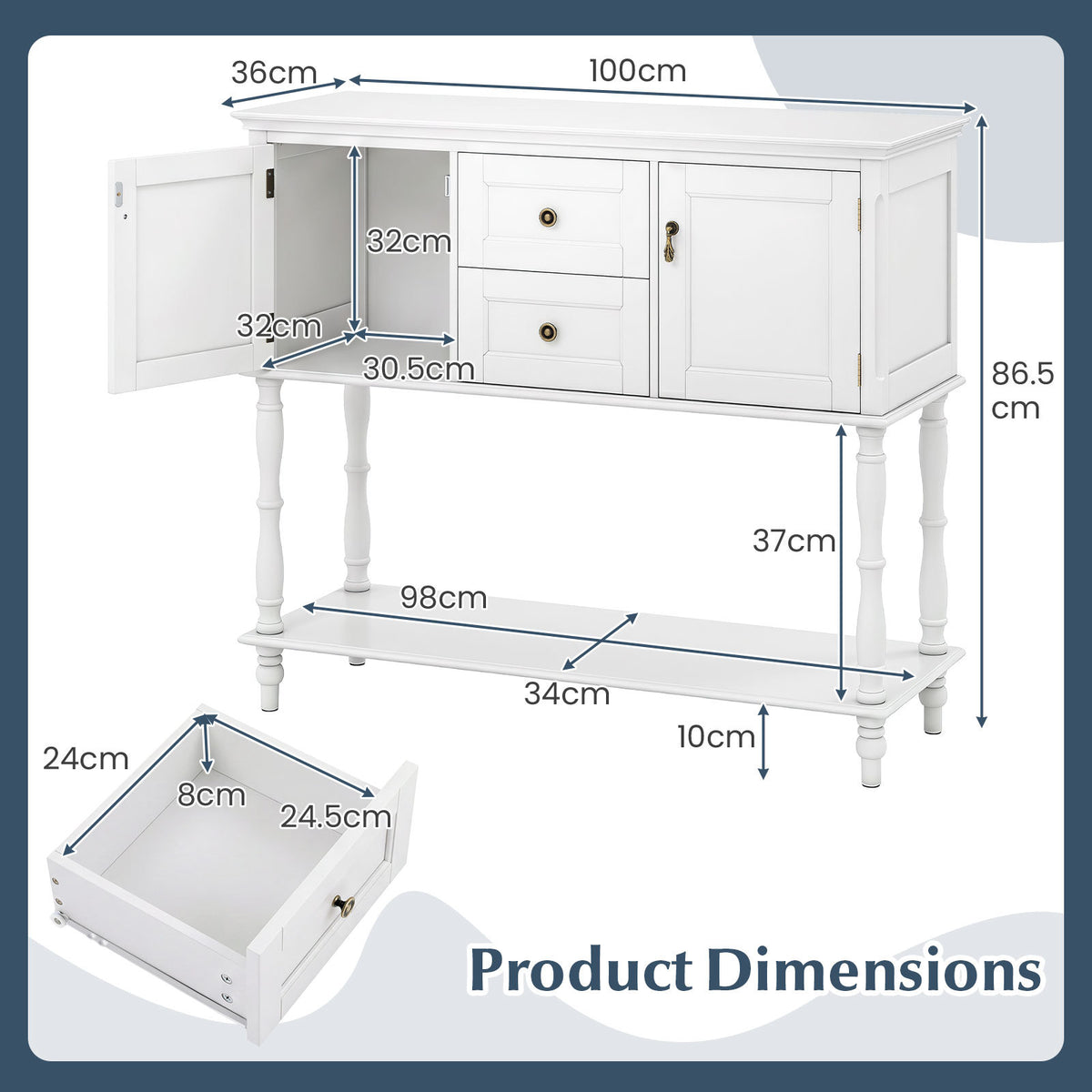 Console Table with 2 Drawers and 2 Door Cabinets for Entryway-White