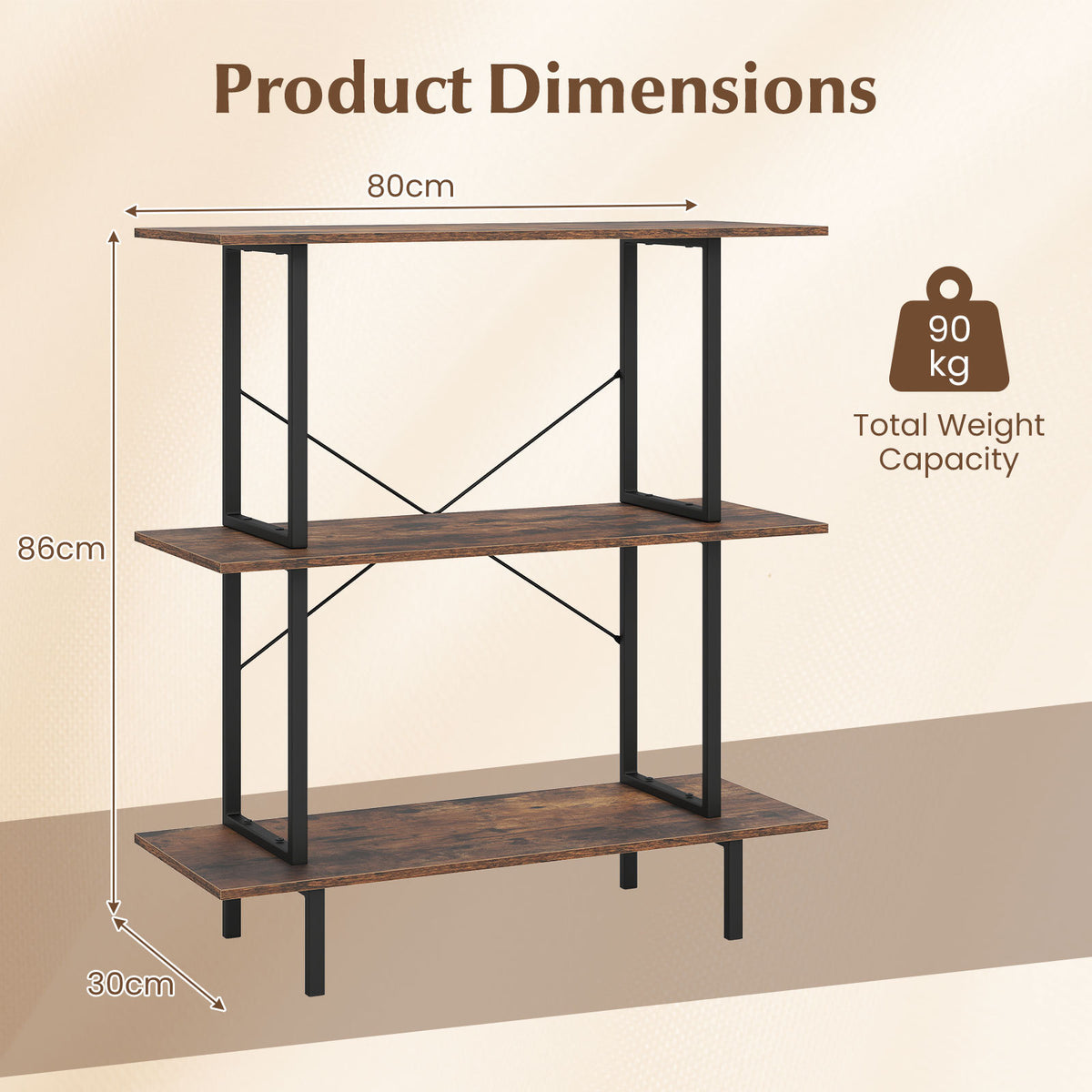 3-Tier Industrial Bookshelf with Open Shelves and Metal Frame for Living Room Study-Rustic Brown