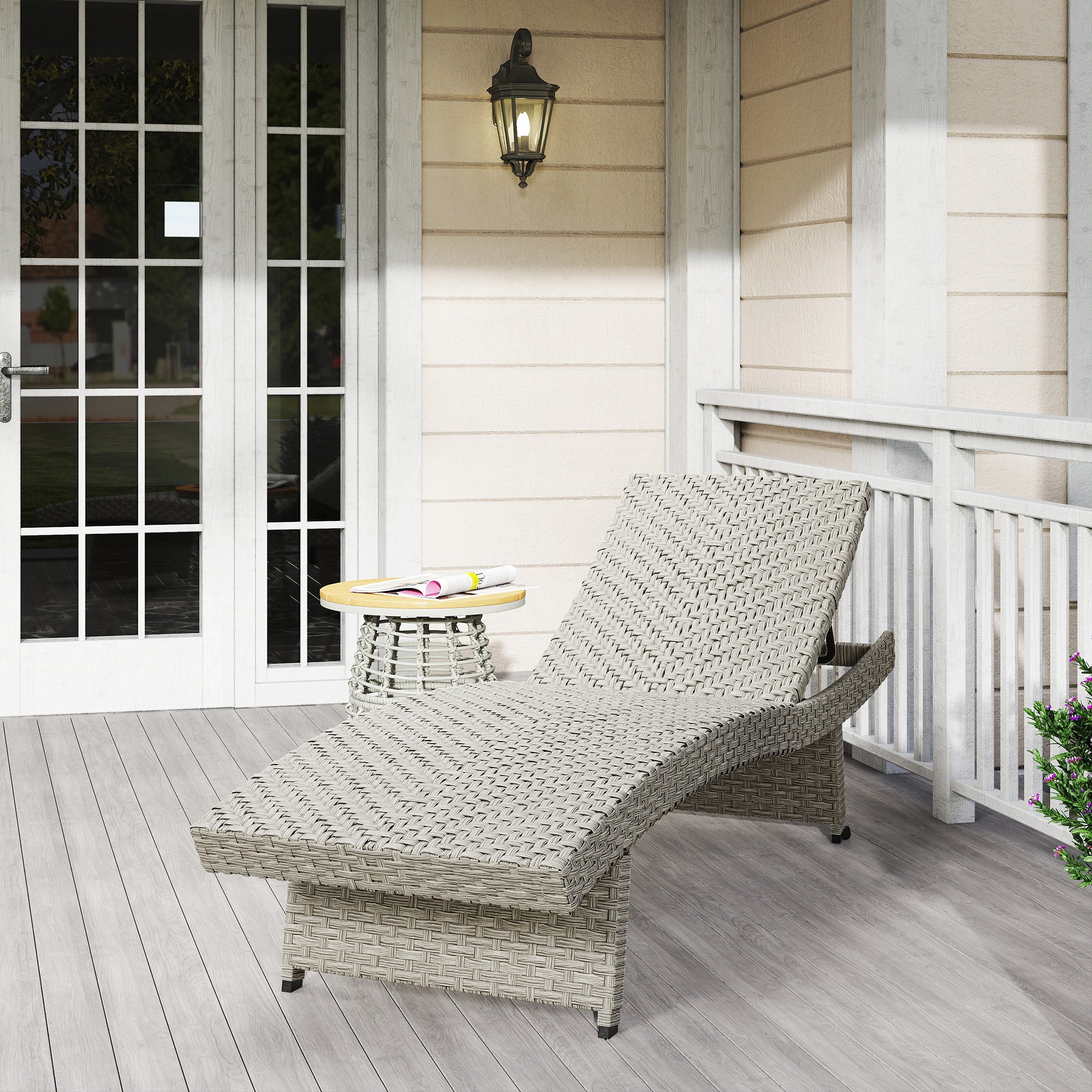 Outsunny Outdoor PE Rattan Sun Lounger, Folding Wicker Garden Lounger Recliner with 4-Level Adjustable Backrest, Rolling Sunbed Lounge Chair with Wheels, Non-Slip Legs for Balcony, Beach, Grey