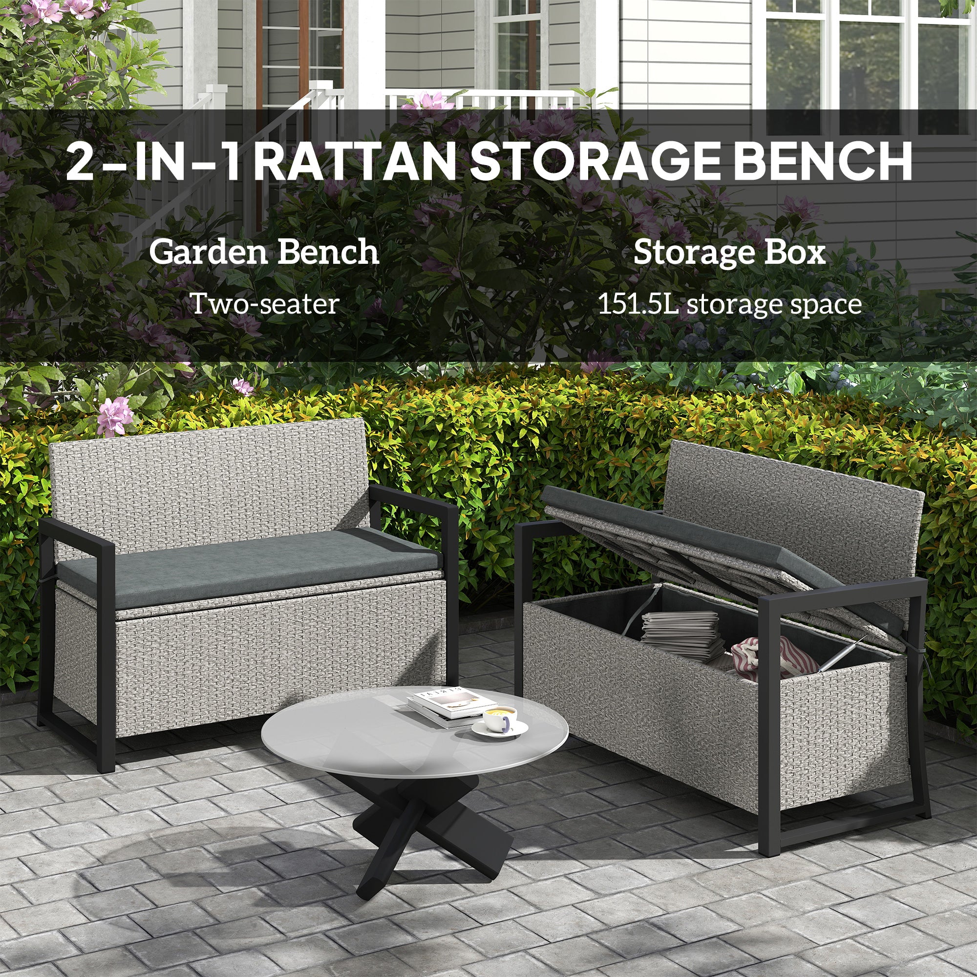 Outsunny 151.5L Storage Garden Bench, with Cushion - Grey