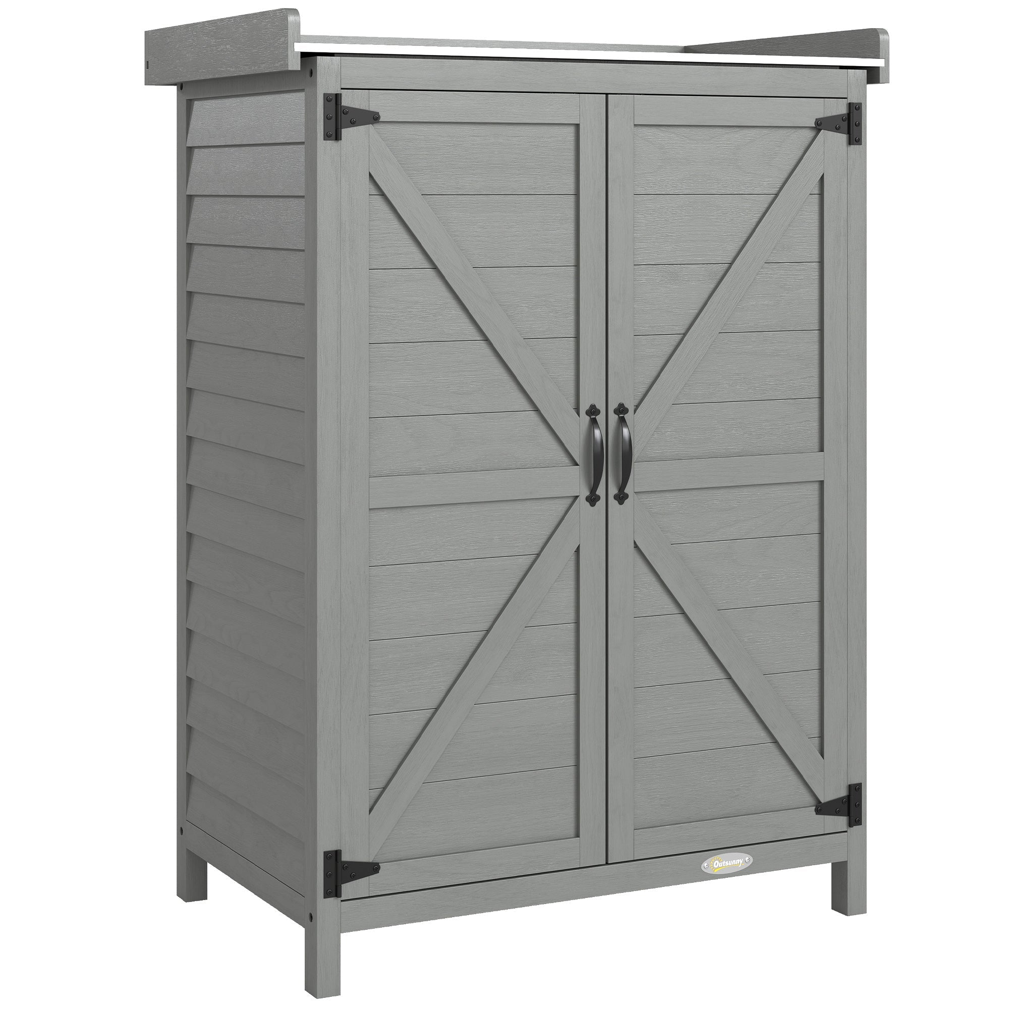 Outsunny Wooden Garden Shed, Garden Tool Storage Shed with Shelf and Side Hooks, 71.5 x 39 x 95 cm, Grey