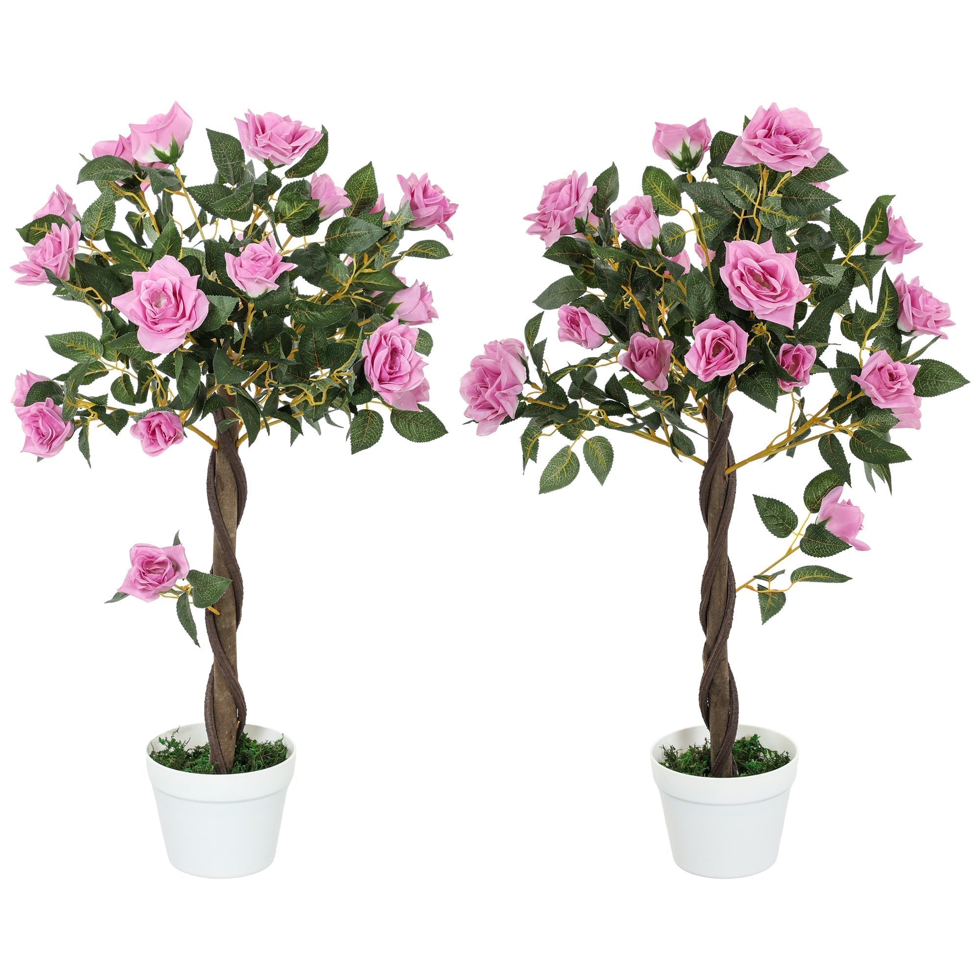 Outsunny Set of 2 Artificial Plants White Rose Floral in Pot, Fake Plants for Home Indoor Decor, 90cm, Purple