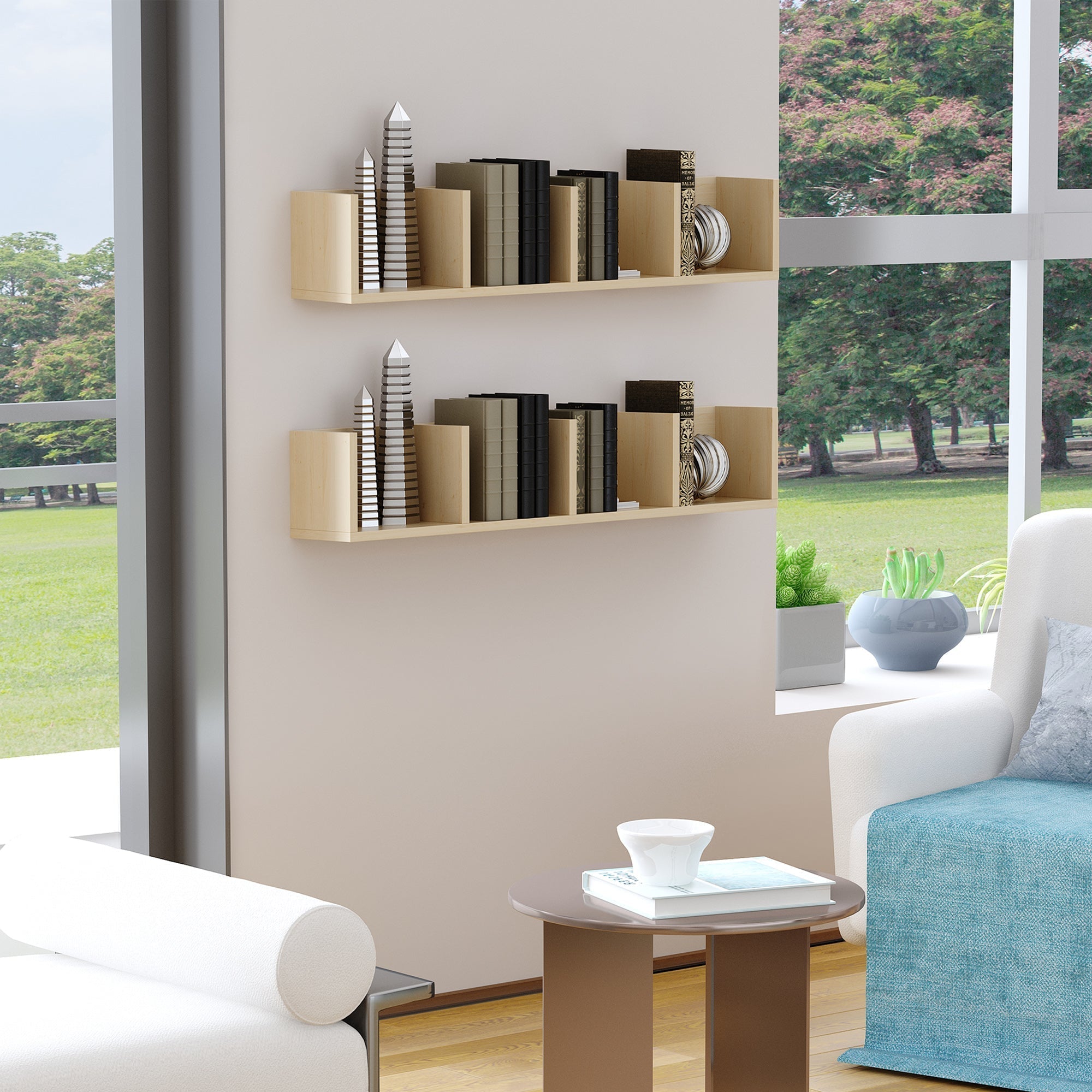 HOMCOM Wall Mount 84 CD / 56 DVD/Blu-ray/ Media Storage Rack 4 Cubes, Wooden Shelf Organiser Unit Bookcase Display, Set of 2, Natural Wood Finish