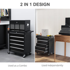 HOMCOM 14 Drawer, Two-Part Tool Storage Chest on Wheels - Black