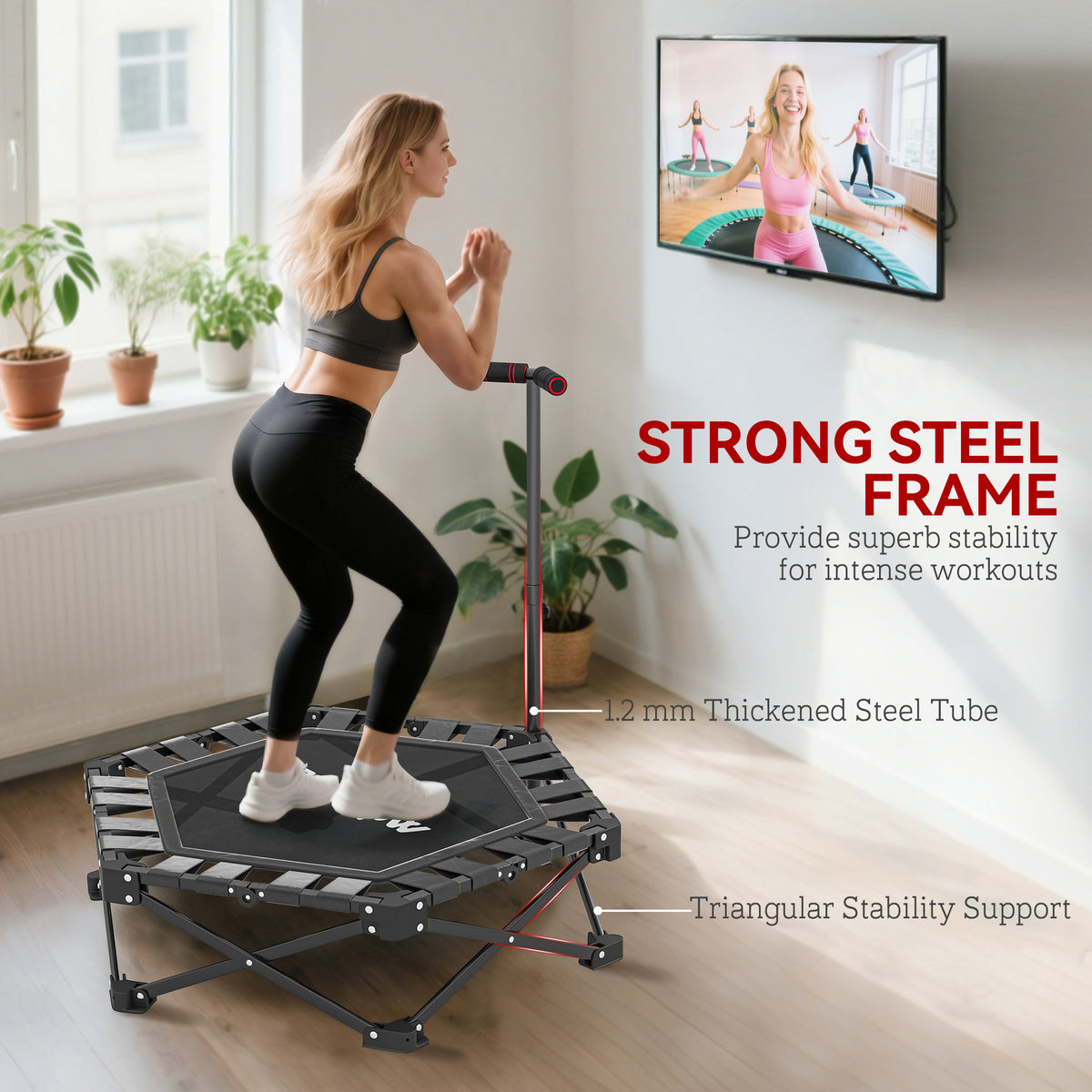 SPORTNOW 42" Foldable Mini Trampoline, One-Step Fold & Open, Rebounder Trampoline with 3-Level Adjustable Handle for Adults
