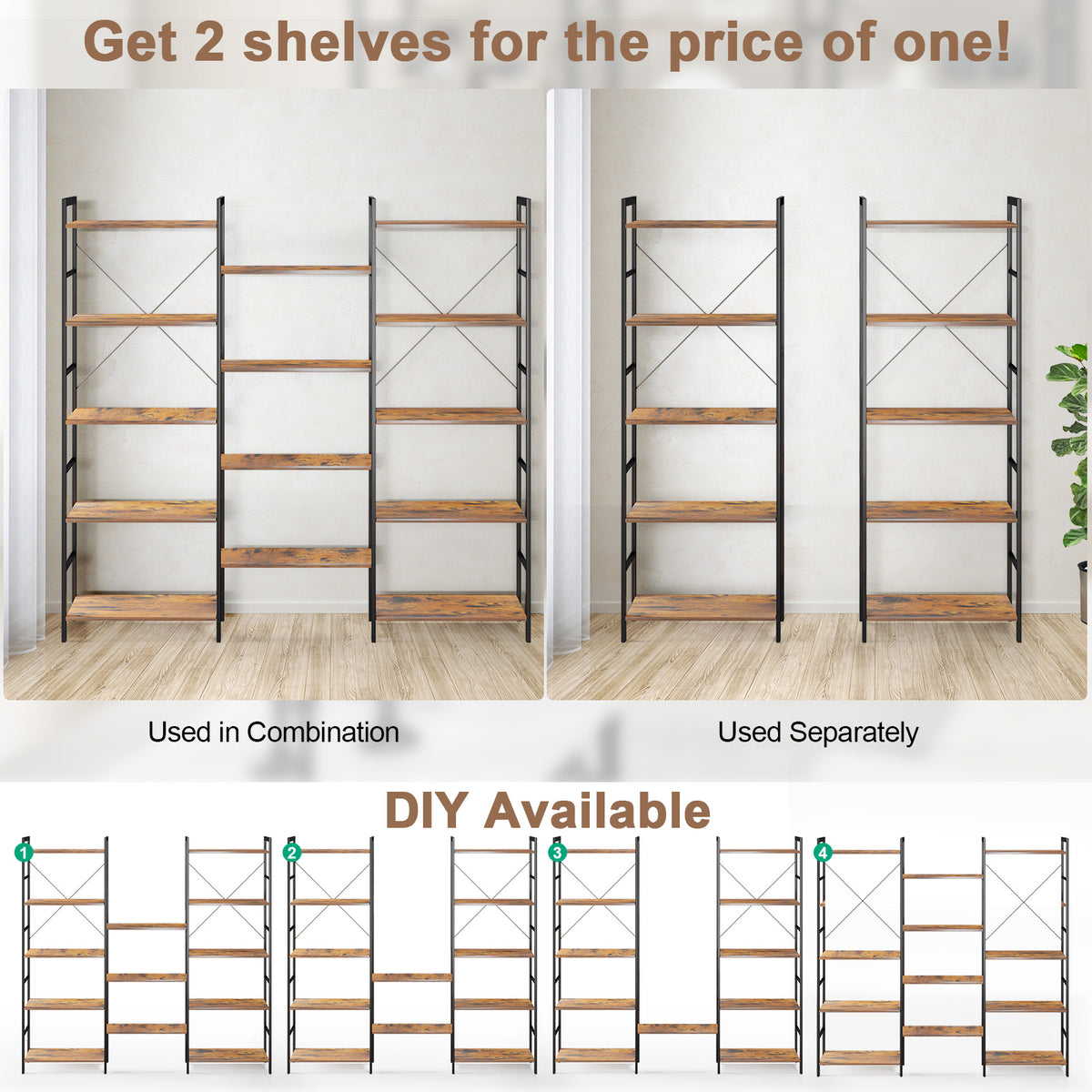 5-Tier Industrial Bookshelf with 14 Open Shelves for Home Office-Brown