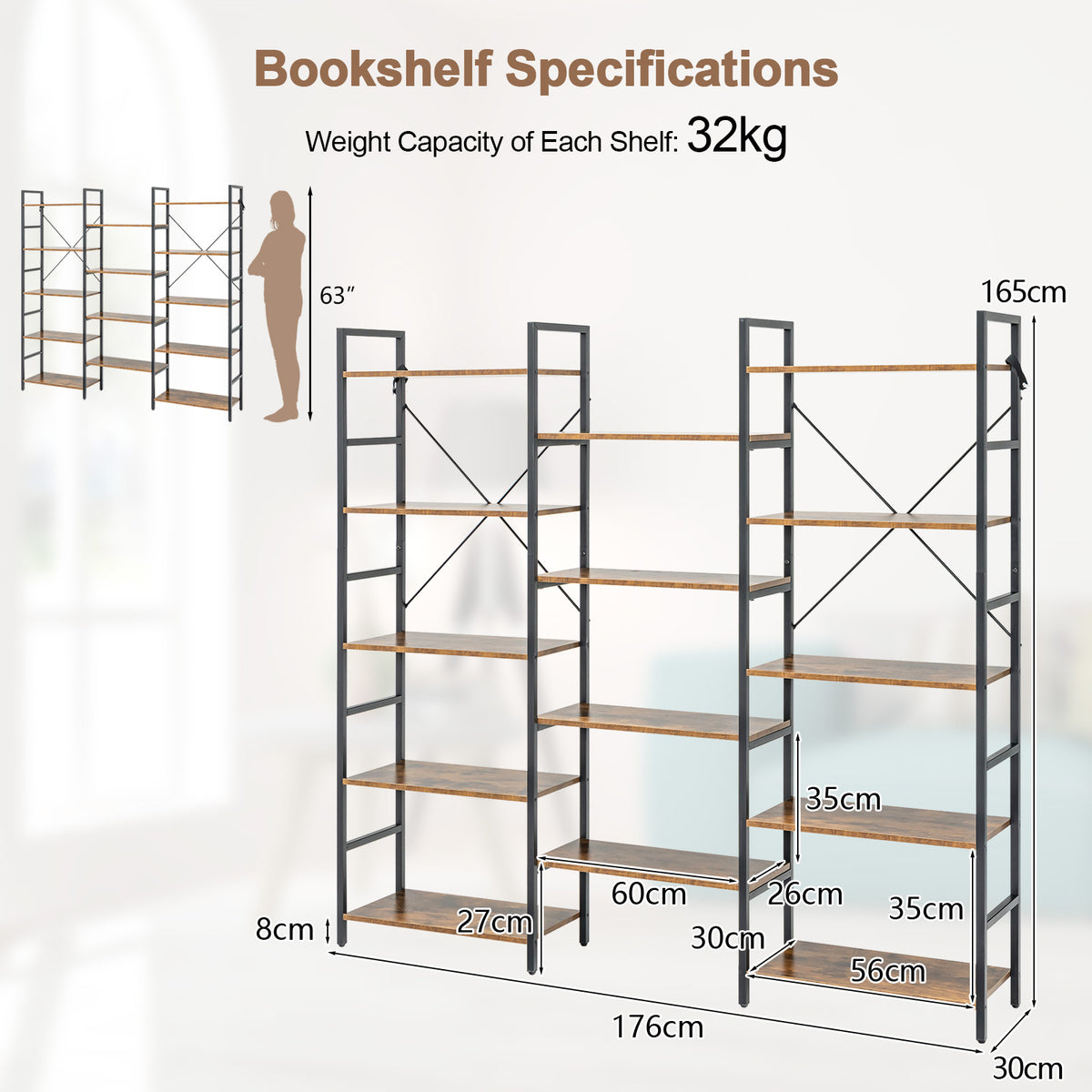 5-Tier Industrial Bookshelf with 14 Open Shelves for Home Office-Brown