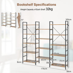5-Tier Industrial Bookshelf with 14 Open Shelves for Home Office-Brown