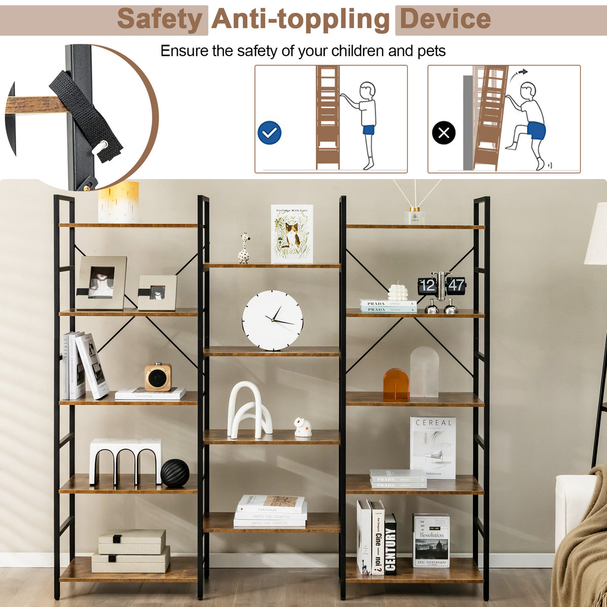 5-Tier Industrial Bookshelf with 14 Open Shelves for Home Office-Brown