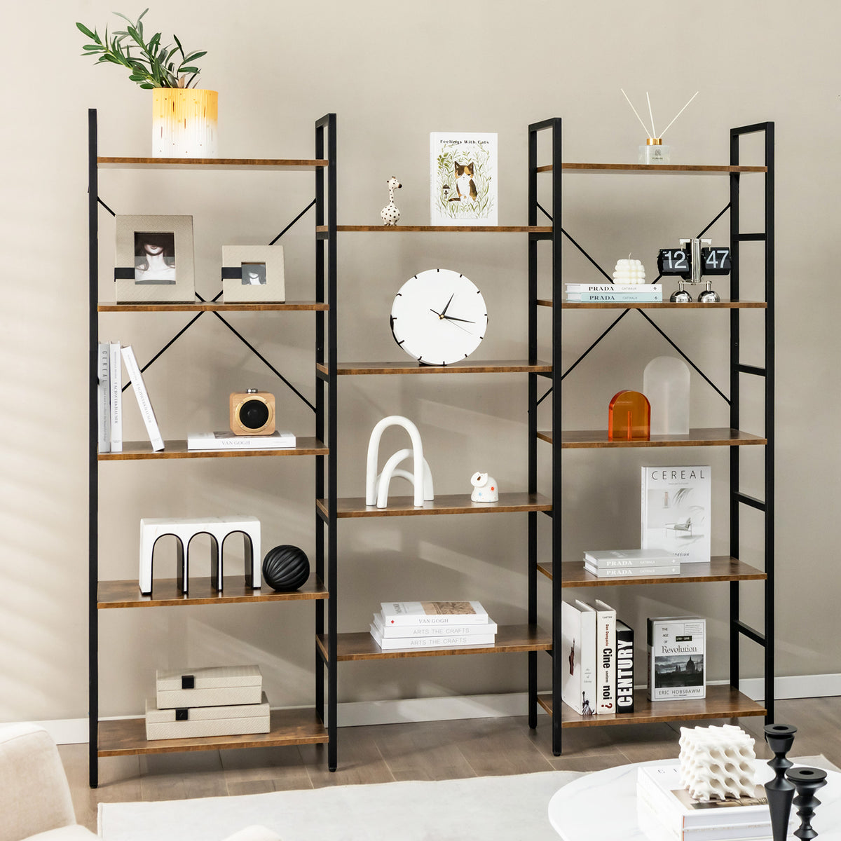 5-Tier Industrial Bookshelf with 14 Open Shelves for Home Office-Brown
