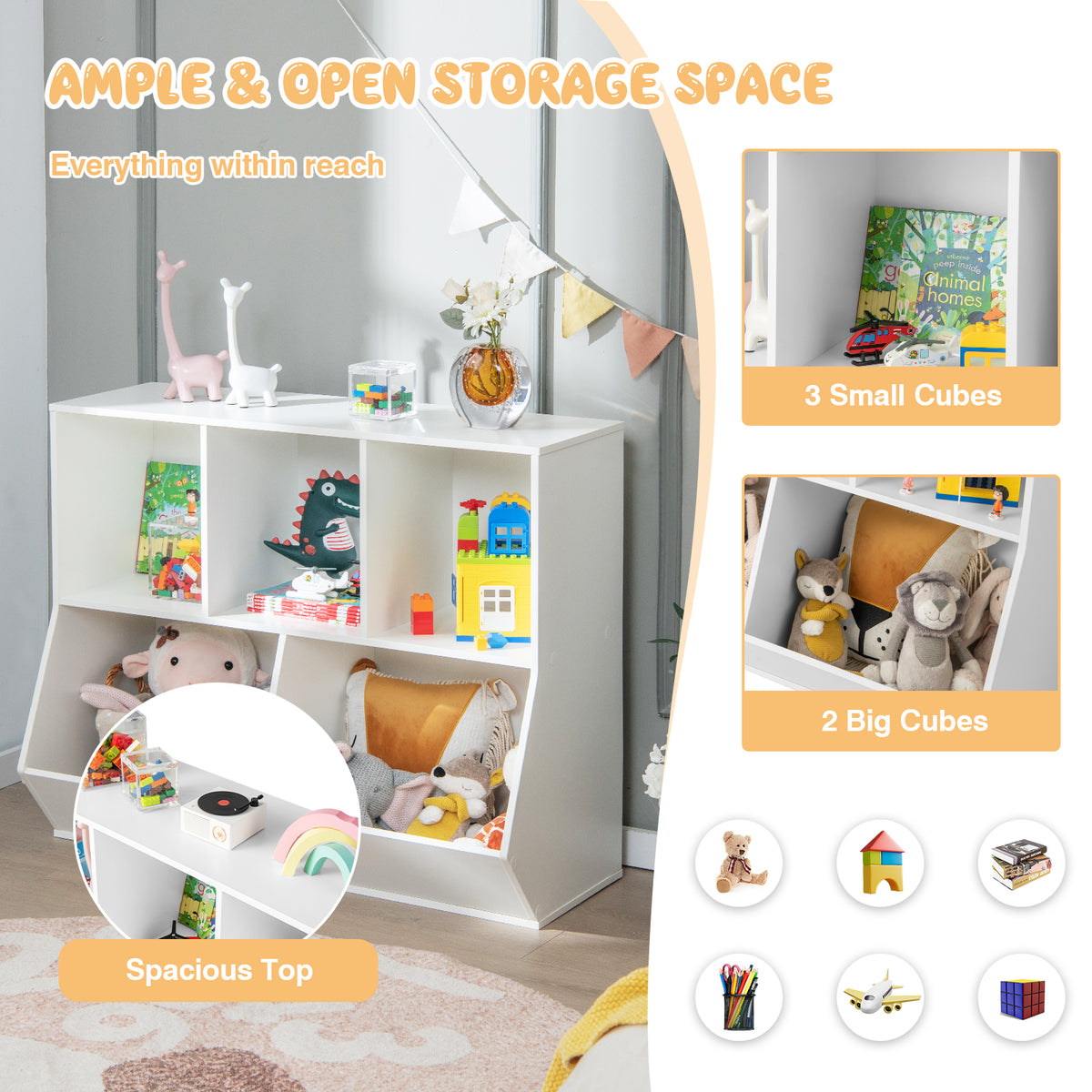5-Cube Kids Toy Storage Organizer with Anti-Tipping Kits-White