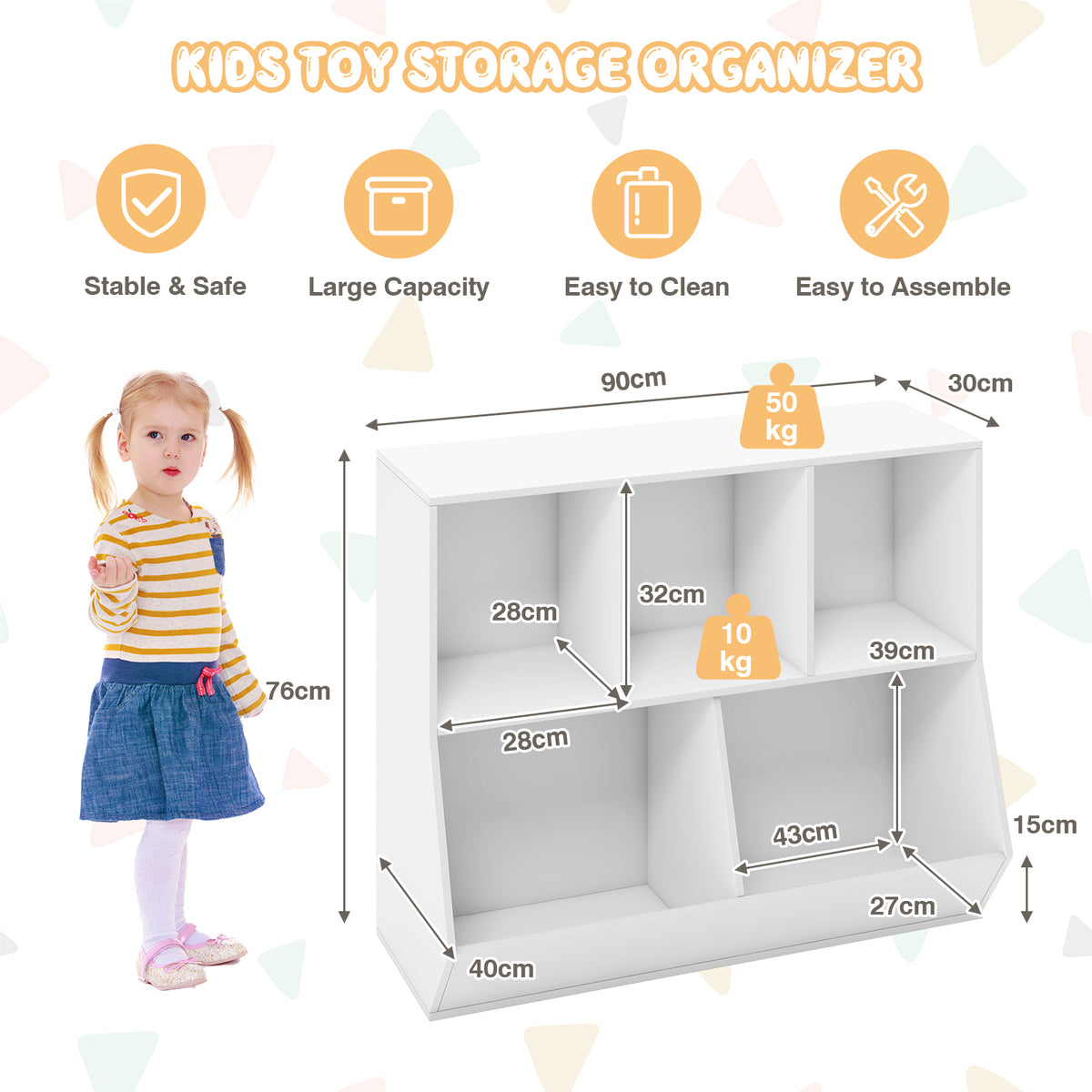 5-Cube Kids Toy Storage Organizer with Anti-Tipping Kits-White
