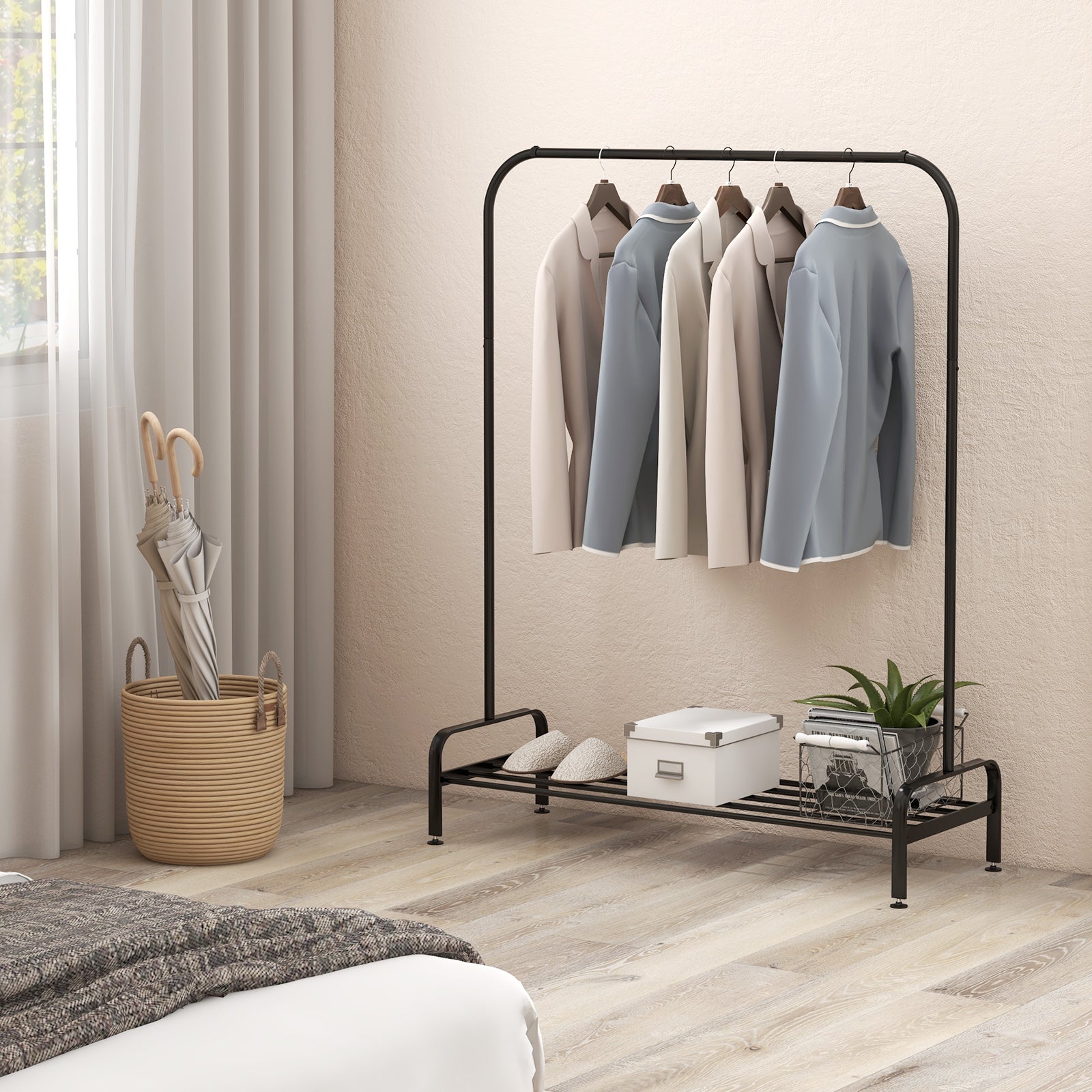 Metal Clothes Stand Rack with Top Rod and Lower Storage Shelf-Black