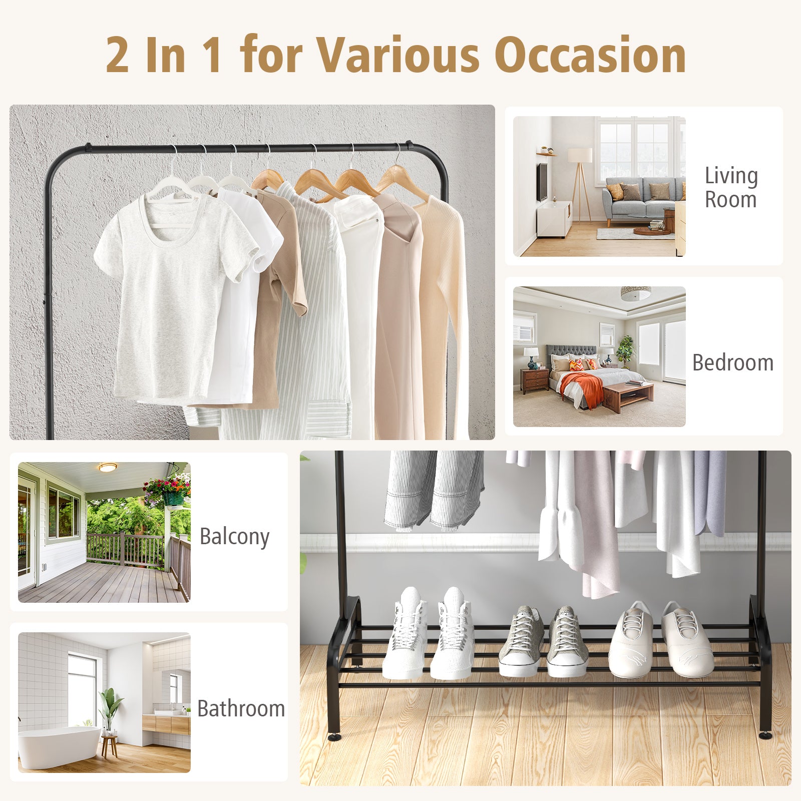 Metal Clothes Stand Rack with Top Rod and Lower Storage Shelf-Black