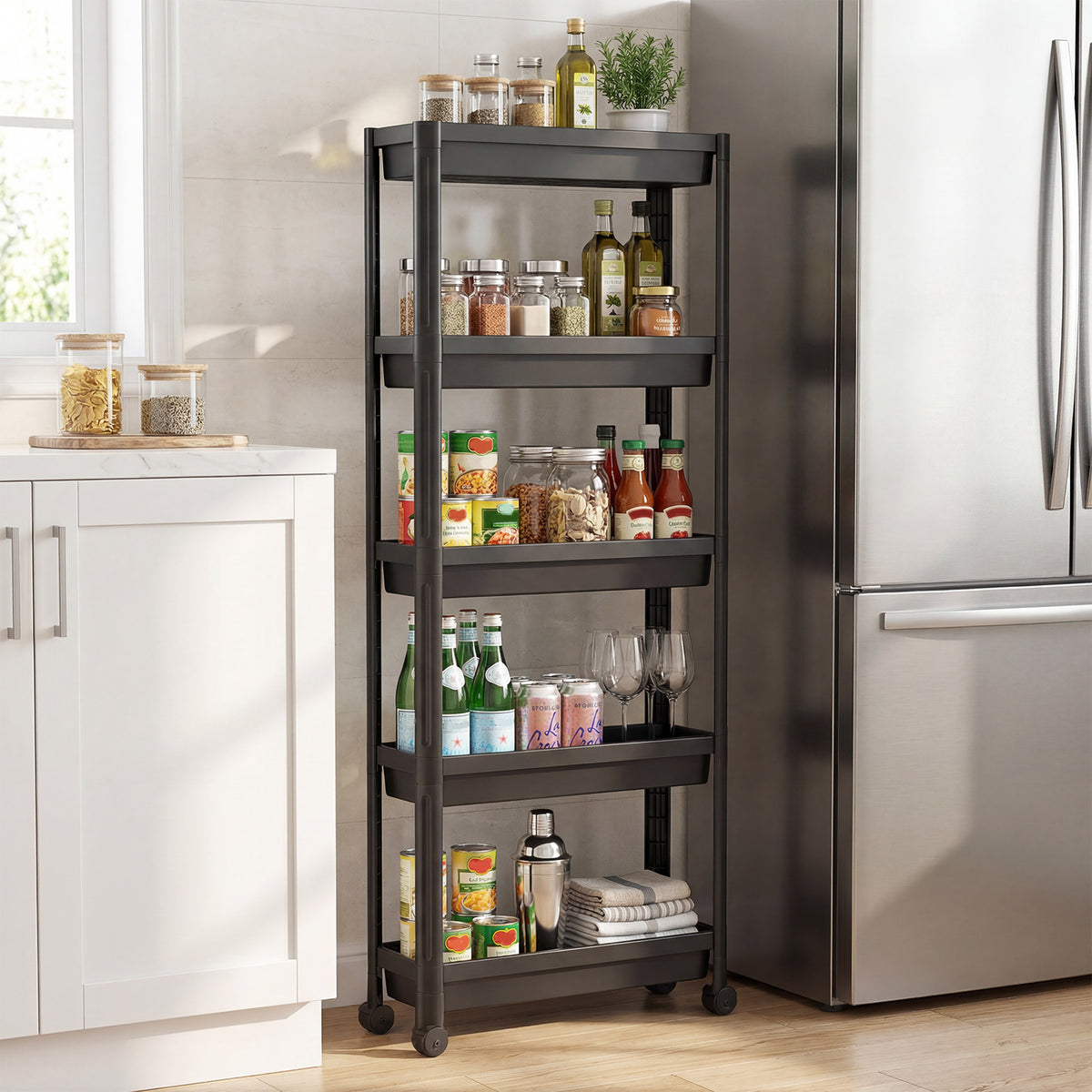 5-Tier Slim Rolling Storage Cart with Smooth Wheels for Kitchen-Black