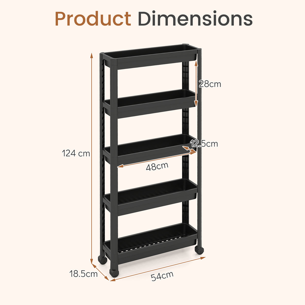 5-Tier Slim Rolling Storage Cart with Smooth Wheels for Kitchen-Black