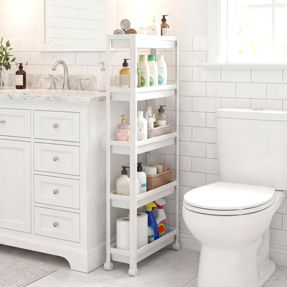 5-Tier Slim Rolling Storage Cart with Smooth Wheels for Kitchen-White