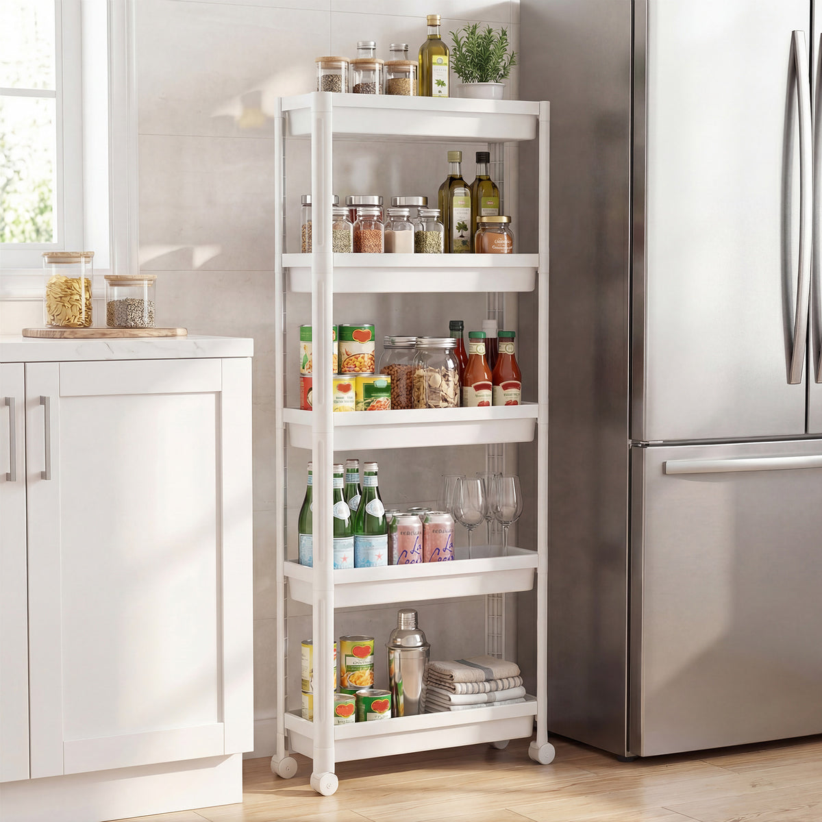 5-Tier Slim Rolling Storage Cart with Smooth Wheels for Kitchen-White