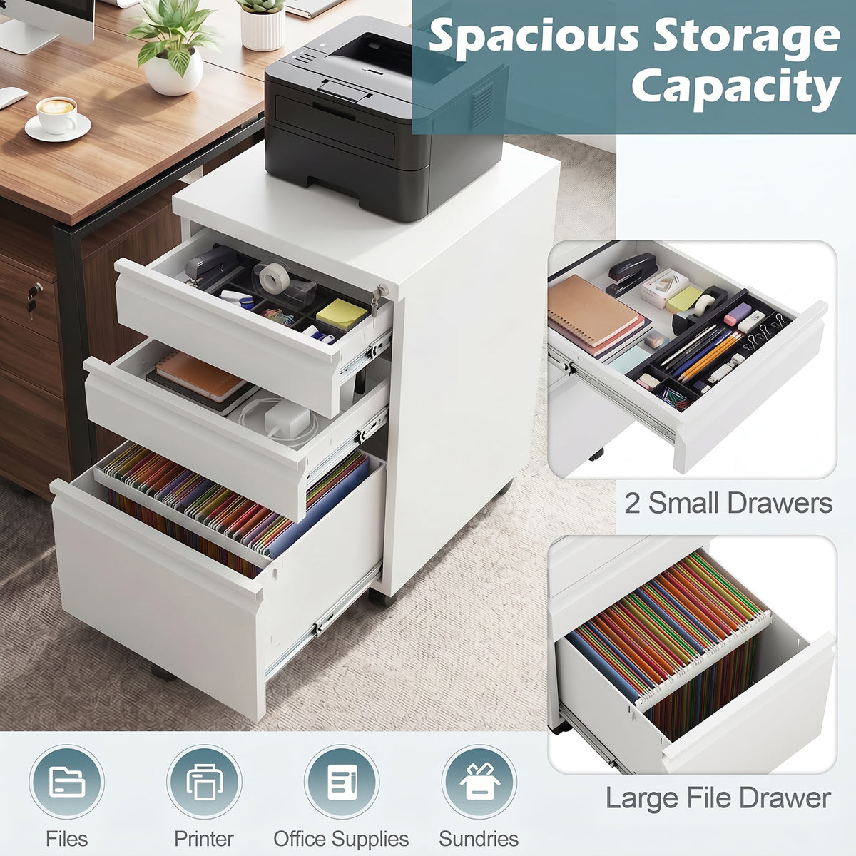 3-Drawer Mobile File Cabinet with 5 Casters and 2 Keys for A4-White