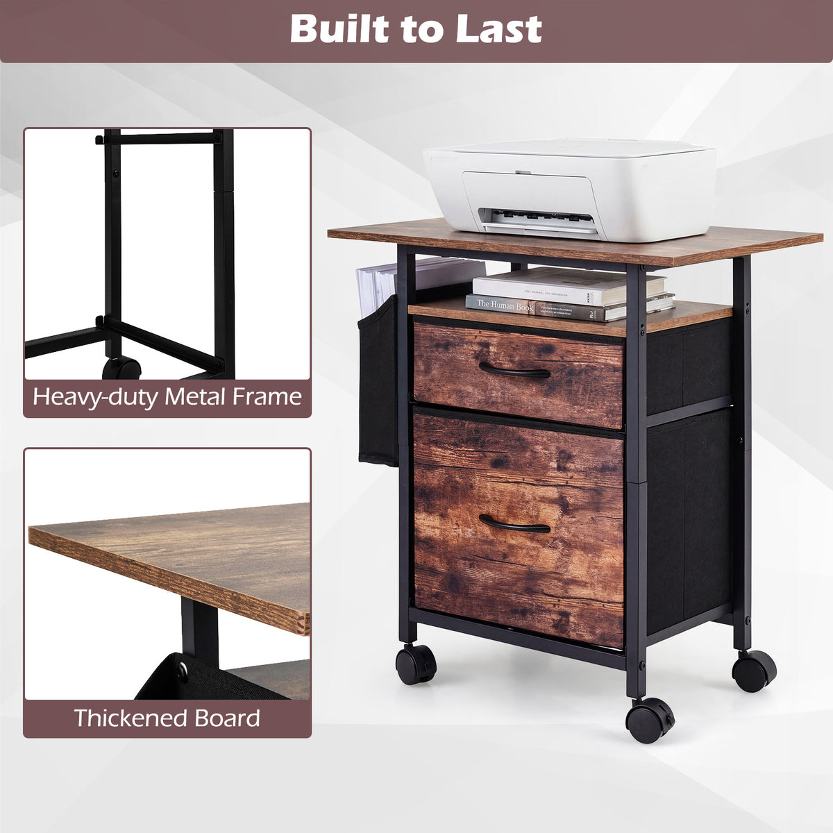2-Drawer Mobile File Cabinet with Extended Tabletop and Rolling Printer Stand-Brown