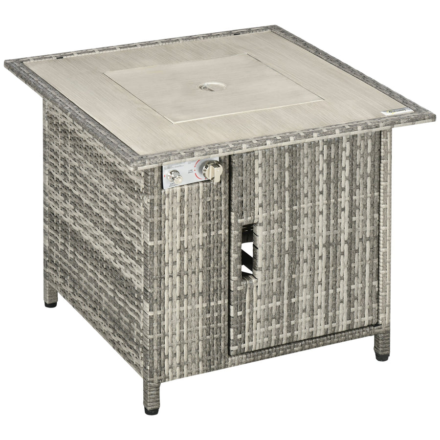 Outsunny Outdoor PE Rattan Gas Fire Pit Table, Patio Square Propane Heater with Rain Cover, Glass Windscreen, and Lava Stone, 50,000 BTU, Grey