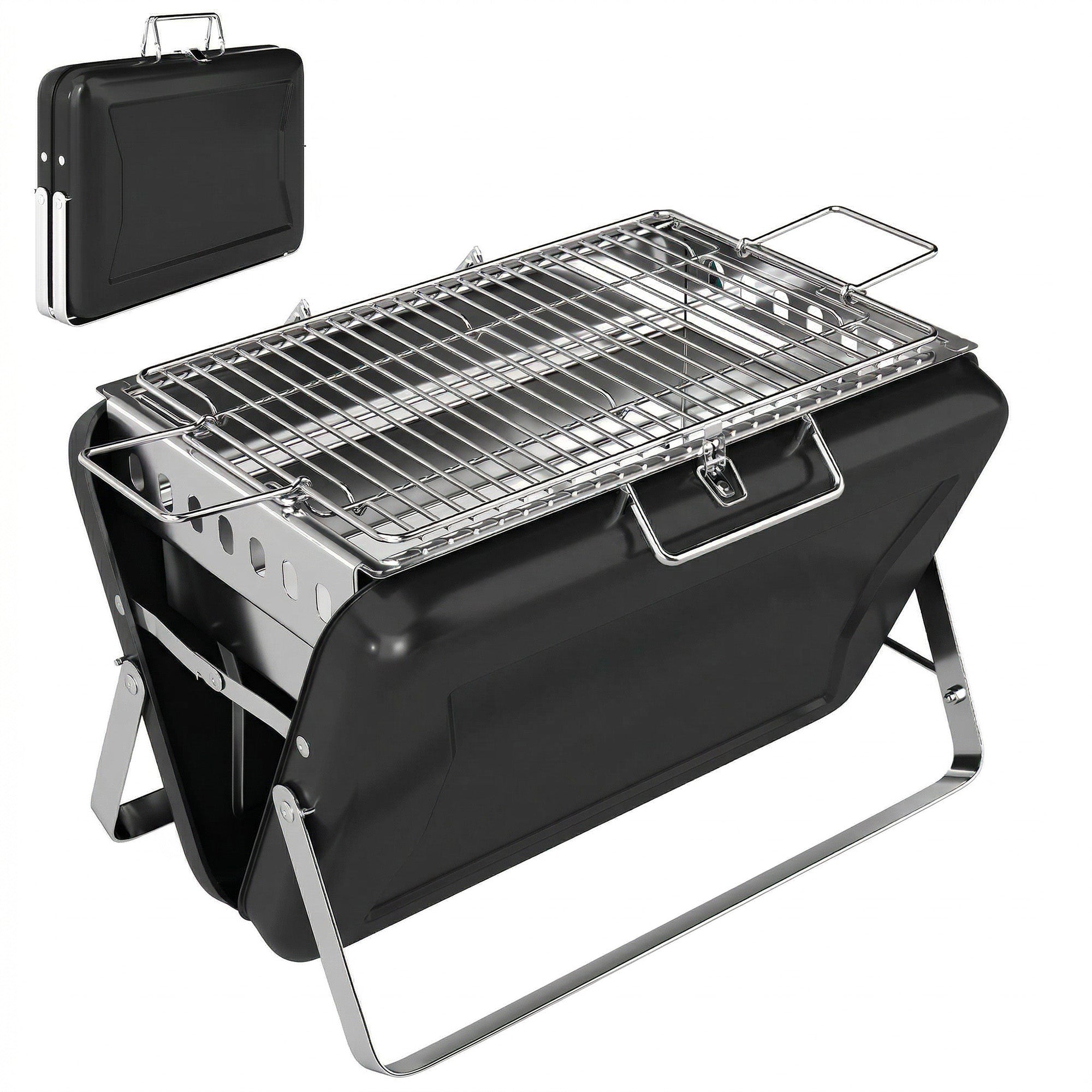Outsunny Charcoal BBQ Grill Portable Stainless Steel Barbecue with Tilting Grate for Camping Picnic Garden Black