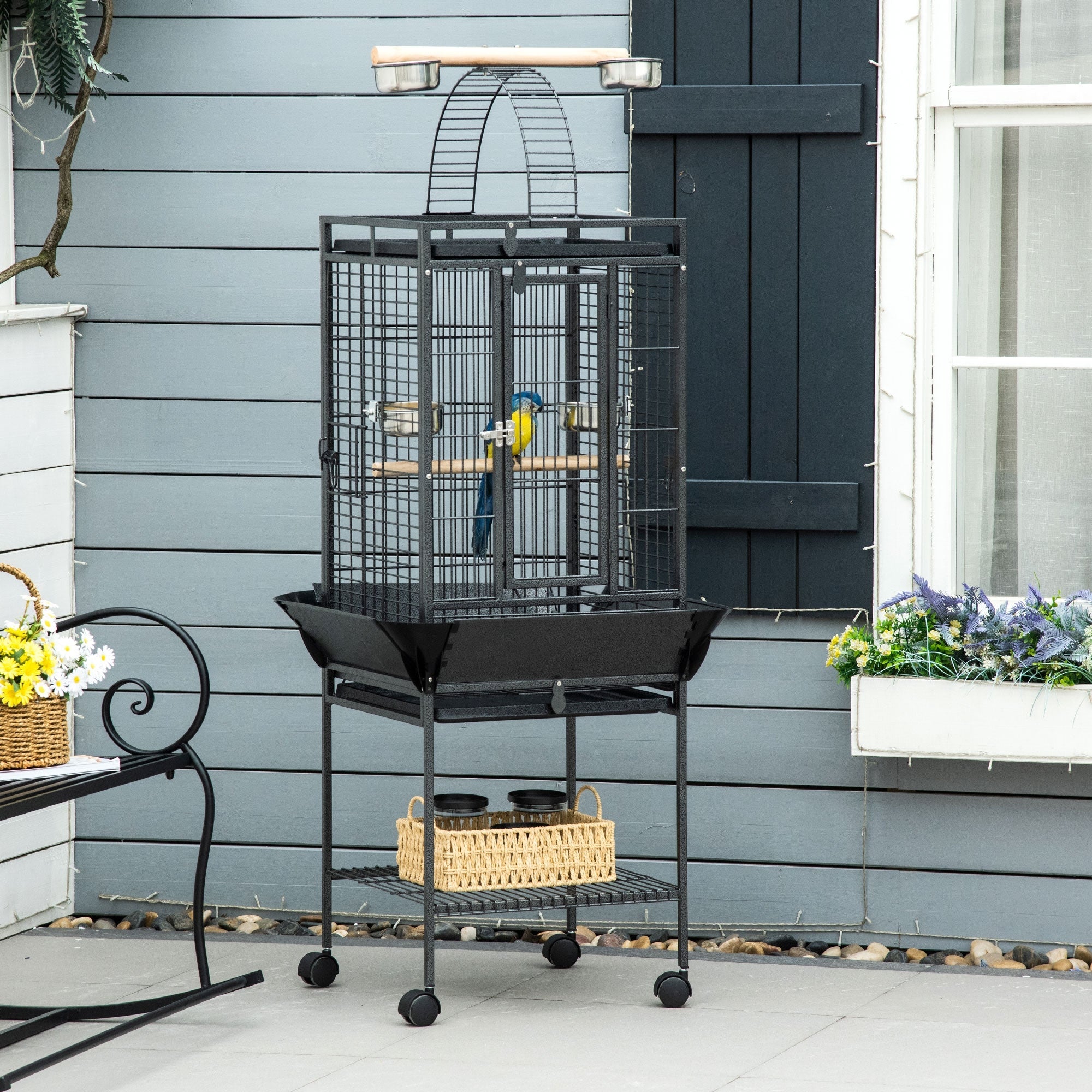 PawHut 156cm Bird Cage,Large Parrot Cage with Open Play Top, Perch, Seed Guard, Wheels, Storage Shelf, Dark Grey