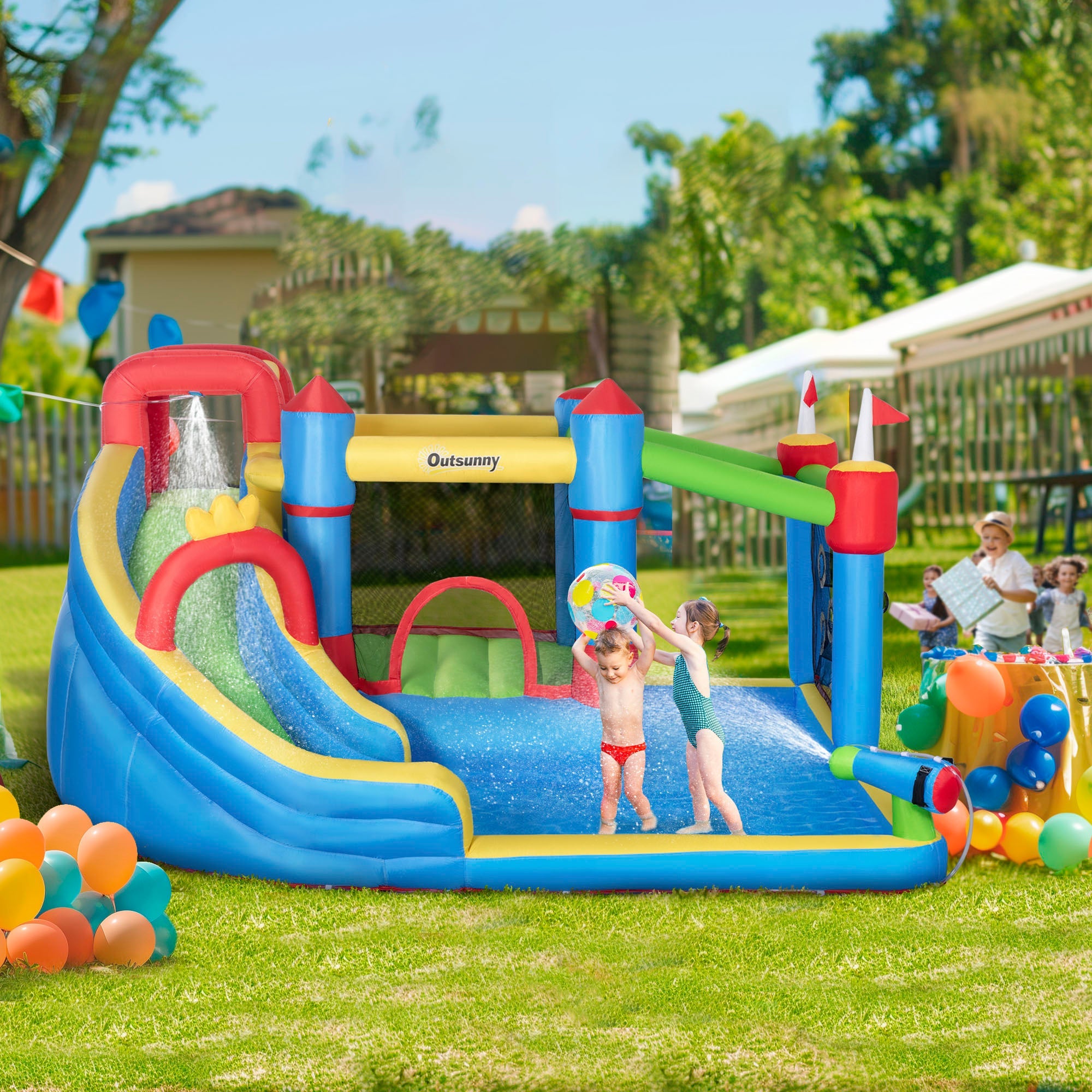 Outsunny 6 in 1 Kids Bouncy Castle, with Water Slide, Water Gun, Climbing Wall, Air Blower for Indoors/Outdoors, 3.9 x 3 x 2m