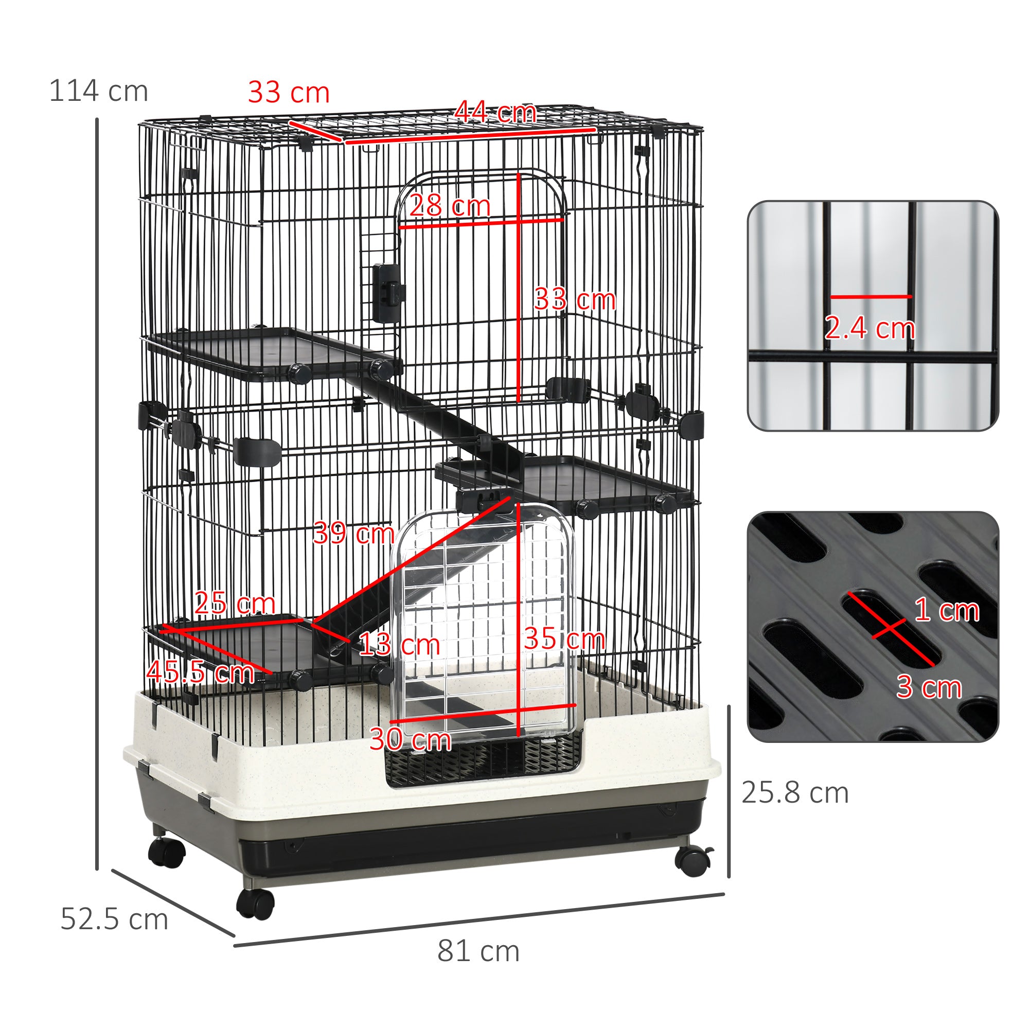 PawHut Four-Tier Small Animal Cage, for Bunnies, Ferrets, Chinchillas w/ Wheels, Tray - Black