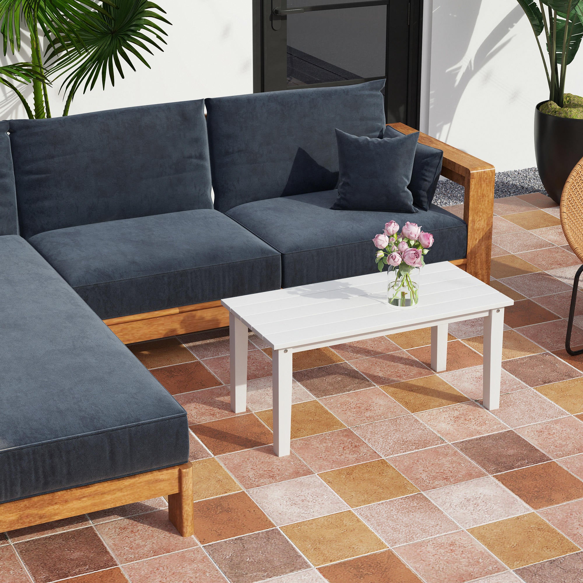 Outsunny Outdoor Garden Coffee Table, HDPE All-Weather Rectangular Outdoor Garden Table with Slatted Tabletop for Patio, Balcony, 91 x 44 x 42 cm, White