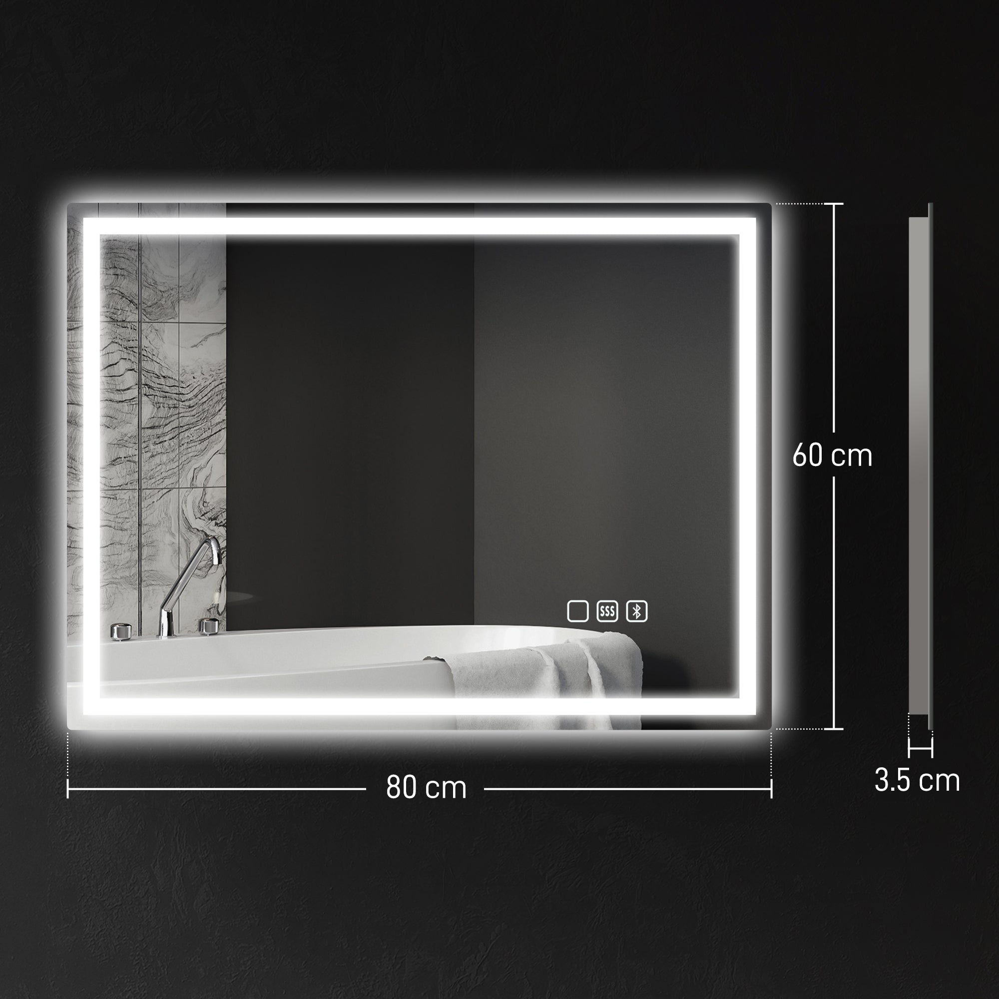 HOMCOM 60 x 80 cm Anti-Fog LED Bathroom Mirror, with Bluetooth - Silver Tone