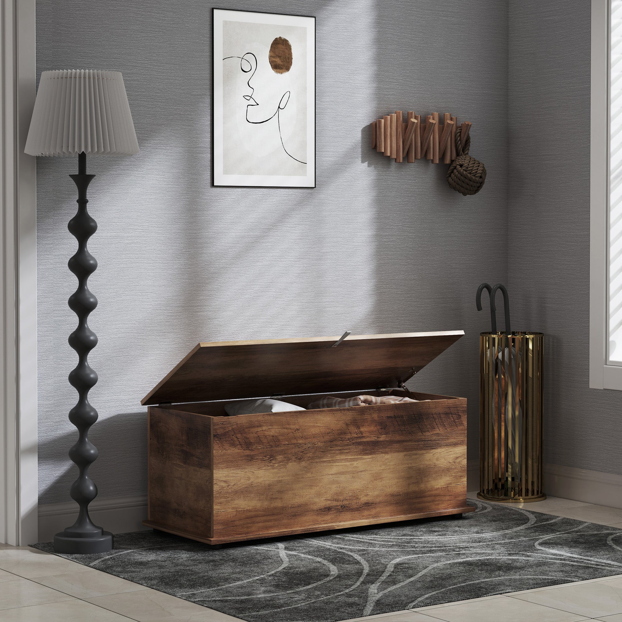 HOMCOM 113L Storage Chest, Storage Box with Flip-Top Lid and 2 Safety Hinges, Storage Trunk for Living Room, Entryway, 100 x 40 x 40 cm, Brown Wood Grain