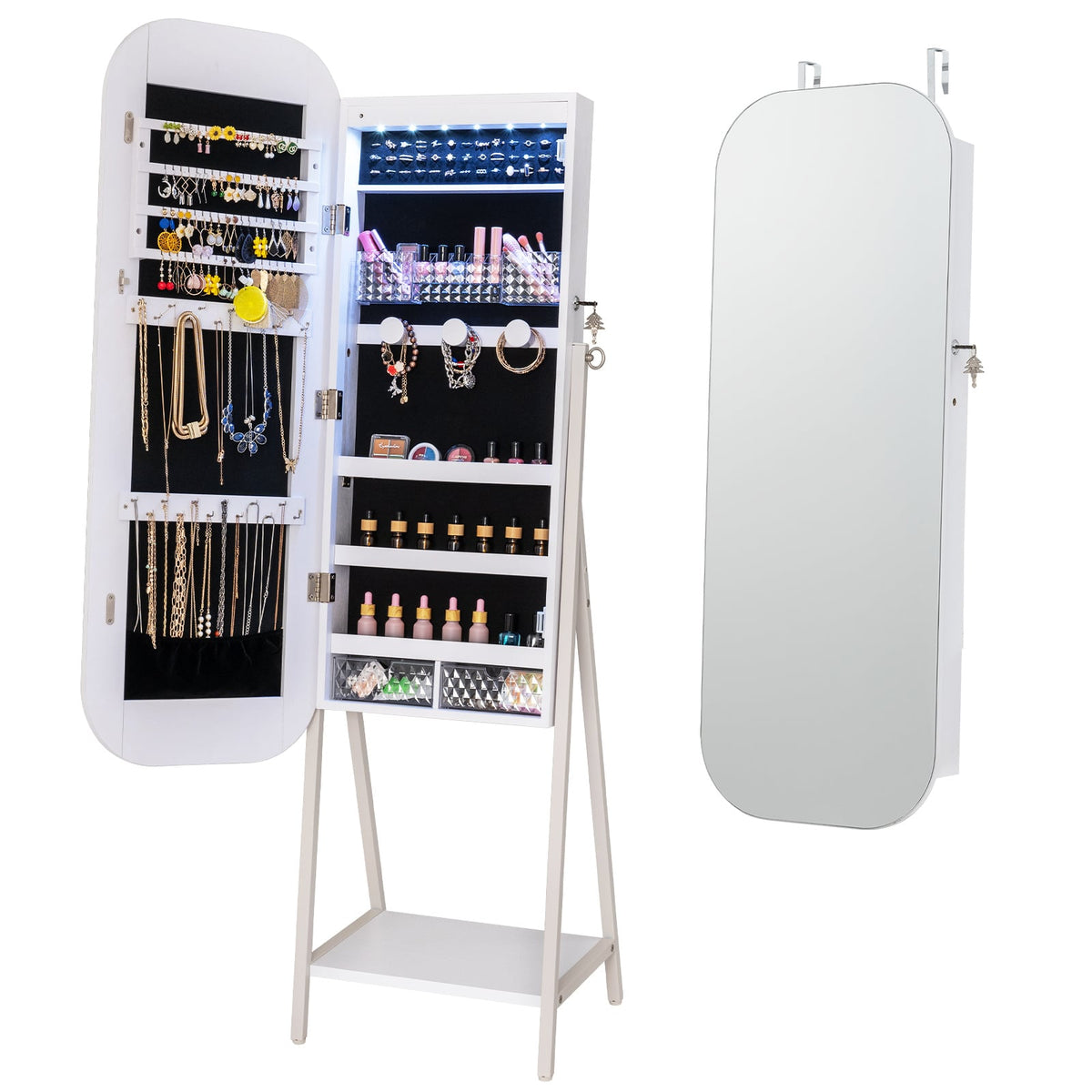 Jewelry Cabinet with Full-Length Mirror Large Storage Capacity and LED Lights-White