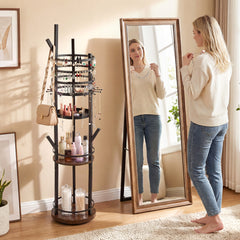 Jewelry Organizer Stand 360° Rotating Floor Jewelry Storage Rack Free Standing Jewelry Display Tower-Rustic Brown