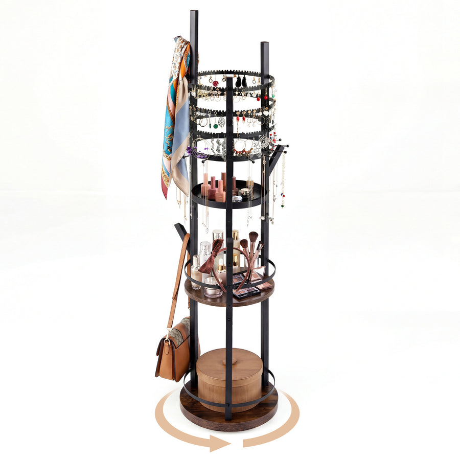 Jewelry Organizer Stand 360° Rotating Floor Jewelry Storage Rack Free Standing Jewelry Display Tower-Rustic Brown