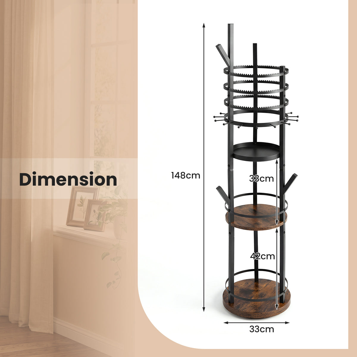 Jewelry Organizer Stand 360° Rotating Floor Jewelry Storage Rack Free Standing Jewelry Display Tower-Rustic Brown